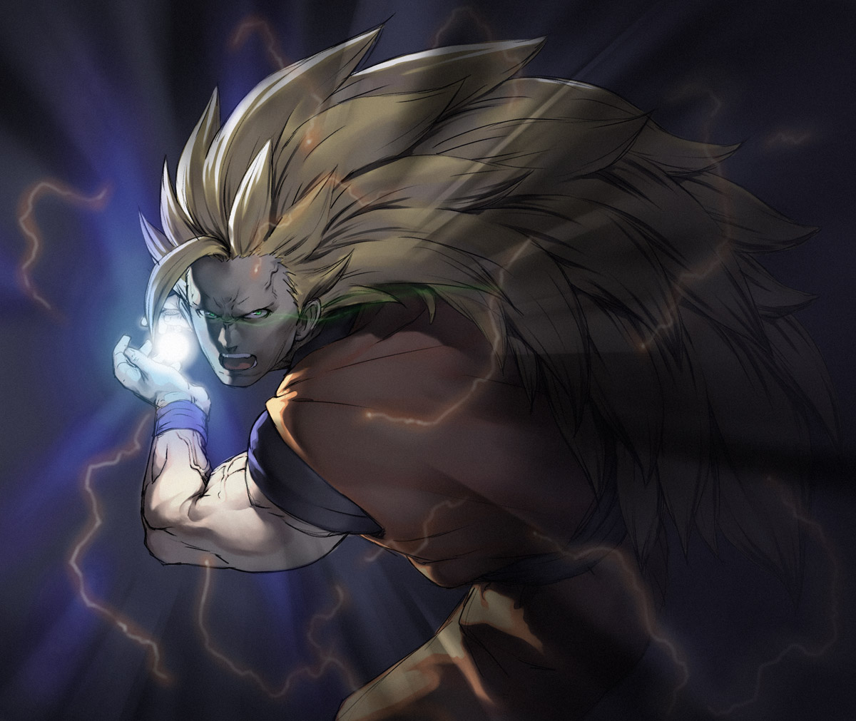 chyko, son goku, dragon ball, dragonball z, 1boy, aura, blonde hair, energy ball, fighting stance, green eyes, kamehameha (dragon ball), long hair, male focus, solo, super saiyan, super saiyan 3, very long hair, wristband
