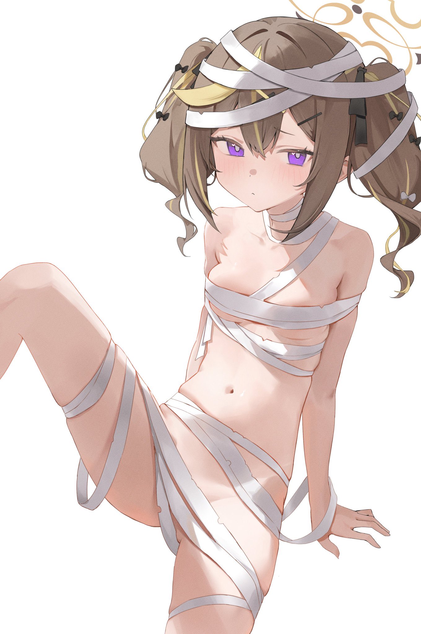 lizard0221, rena (blue archive), blue archive, highres, 1girl, bandages, blonde hair, blush, breasts, brown hair, closed mouth, hair between eyes, hair ornament, hair ribbon, hairclip, halo, long hair, looking at viewer, multicolored hair, mummy costume, naked bandage, navel, purple eyes, ribbon, simple background, sitting, small breasts, solo, streaked hair, twintails, white background