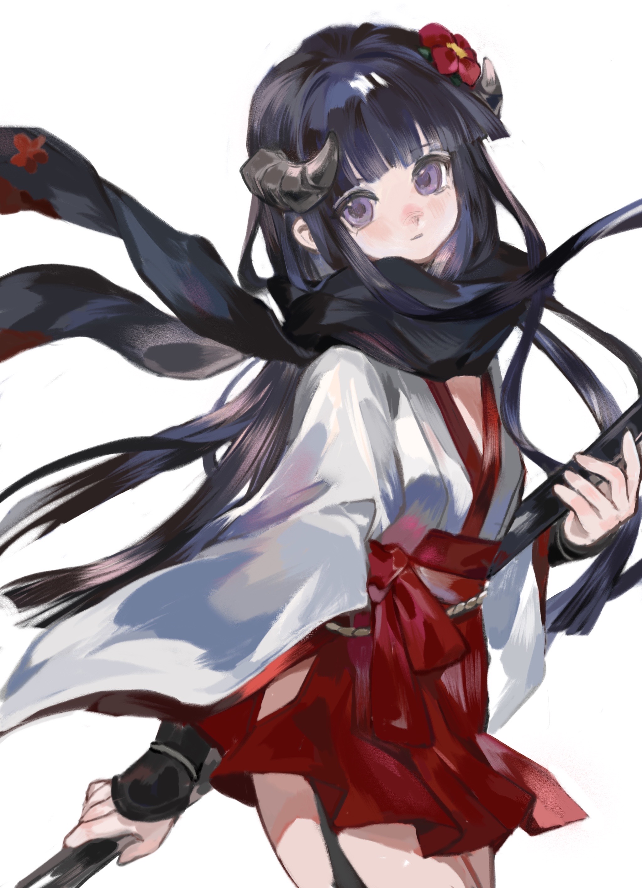 shirakiin ririchiyo, inu x boku ss, absurdres, highres, procreate (medium), 1girl, armor, black hair, black scarf, blunt bangs, blunt ends, bow, closed mouth, clothing cutout, cowboy shot, curled horns, expressionless, floating hair, floating scarf, flower, furisode sleeves, garter straps, grey horns, hair flower, hair ornament, hakama, hakama short skirt, hakama skirt, hip vent, holding, holding polearm, holding weapon, horns, japanese armor, japanese clothes, keli ng ng, kosode, kote, kurokote, long hair, long sleeves, looking at viewer, miko, miniskirt, oni, polearm, purple eyes, red bow, red flower, red hakama, rope, scarf, shimenawa, simple background, skirt, solo, standing, straight hair, two-handed, very long hair, waist bow, weapon, white background, wide sleeves