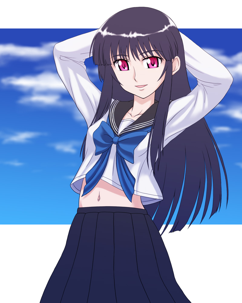 tsunamagurou, arashiyama sayoko, natsu no arashi!, 00s, 1girl, bad anatomy, blunt bangs, female focus, hime cut, long hair, midriff, navel, poorly drawn, purple hair, red eyes, school uniform, serafuku, skirt, solo