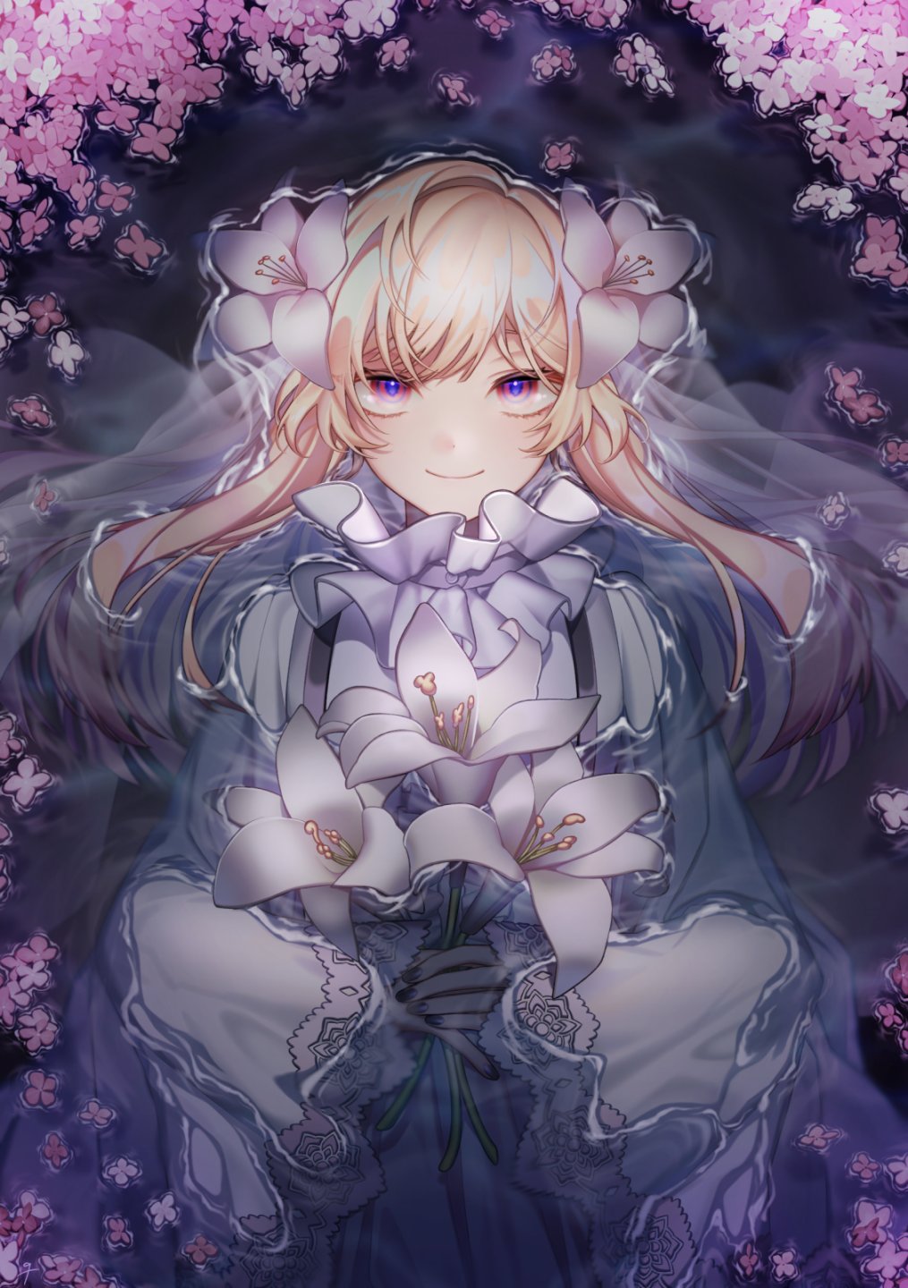 original, highres, 1girl, blonde hair, collar, flower, frilled collar, frills, hair flower, hair ornament, holding, holding flower, long hair, long sleeves, looking at viewer, lying, multicolored eyes, partially submerged, pink flower, red eyes, smile, solo, thx 39, upper body, water, white flower, white sleeves