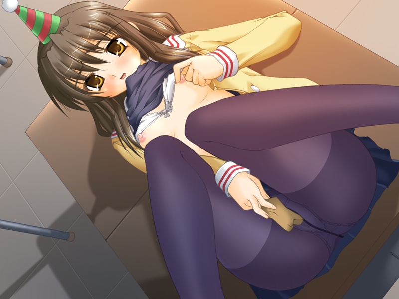 satomi hidefumi, ibuki fuuko, clannad, 00s, 1girl, blush, bra, breasts, brown eyes, brown hair, classroom, crotch seam, desk, female focus, female masturbation, flat chest, hat, lingerie, long hair, lying, masturbation, nipples, open mouth, panties, panties under pantyhose, pantyhose, party hat, school, school uniform, solo, underwear