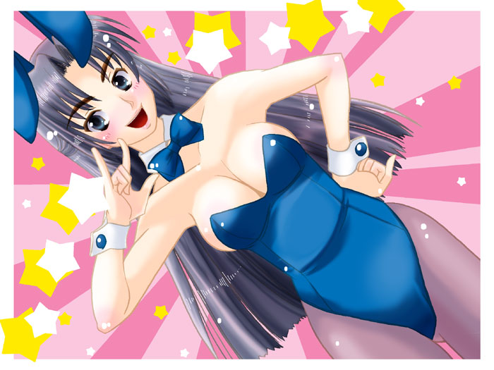 sentape, asakura ryoko, suzumiya haruhi no yuuutsu, 00s, animal ears, blue eyes, blue hair, dutch angle, fake animal ears, hand on own hip, hip focus, long hair, m/, pantyhose, playboy bunny, rabbit ears, solo, star (symbol)