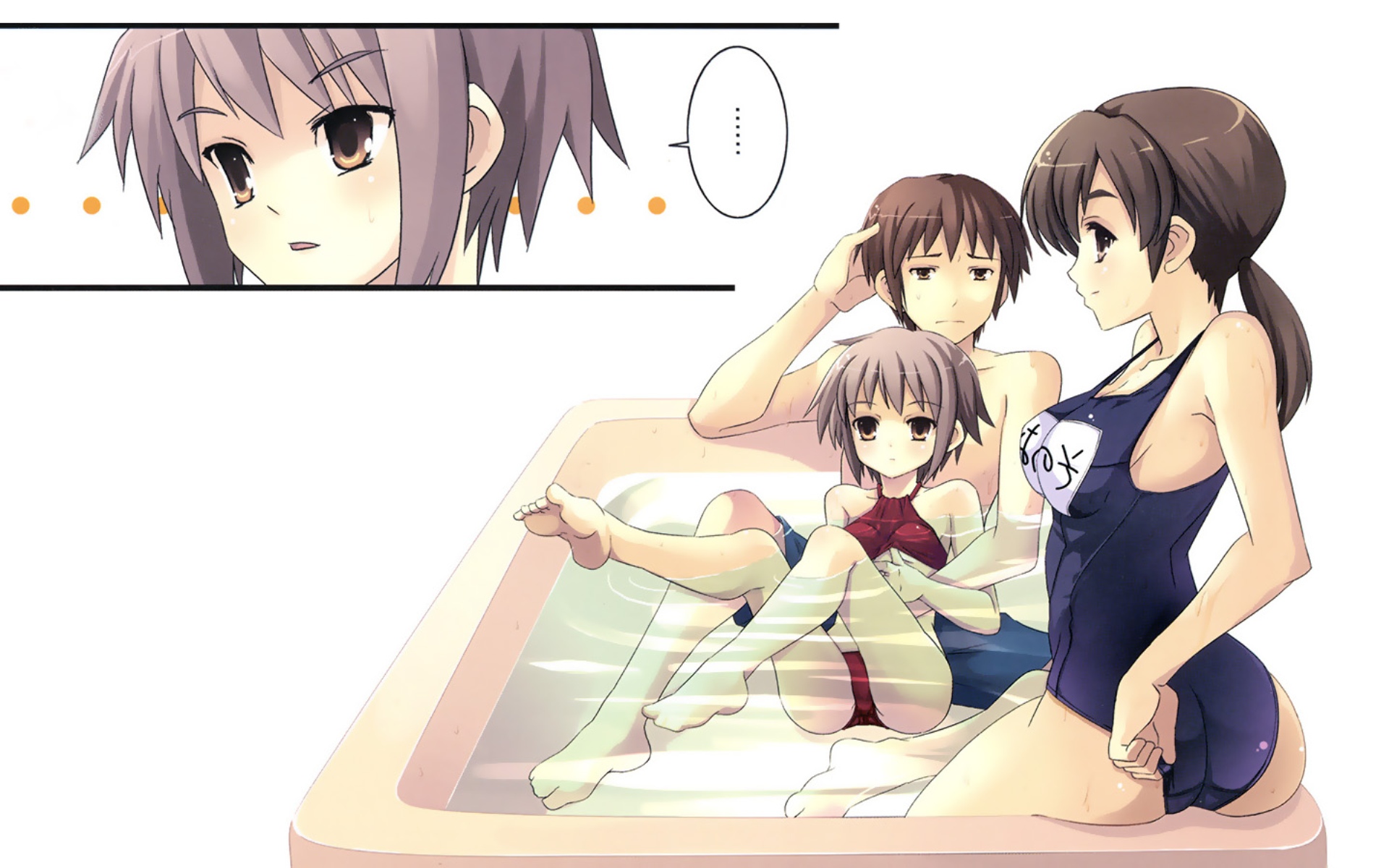 kyon, mori sonou, nagato yuki, suzumiya haruhi no yuuutsu, highres, 00s, 1boy, 2girls, barefoot, bikini, breasts, feet, multiple girls, one-piece swimsuit, ponytail, school swimsuit, swimsuit