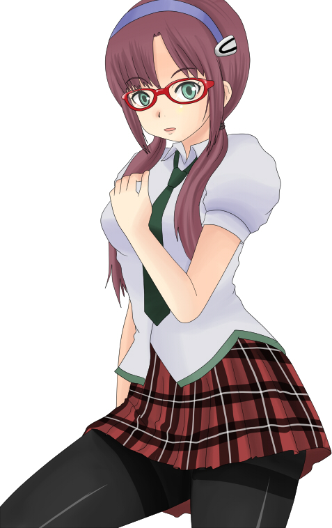 nullhachi, makinami mari illustrious, neon genesis evangelion, rebuild of evangelion, bad id, bad pixiv id, 00s, 1girl, female focus, glasses, green eyes, long hair, miniskirt, pantyhose, plaid clothes, plaid skirt, red hair, school uniform, skirt, solo, thighband pantyhose, twintails