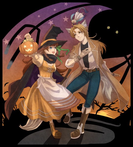 elmina niet, hanpan, jack van burace, wild arms, wild arms 1, 1boy, 1girl, brown hair, cape, creature, dress, full body, gloves, halloween, hat, jack-o'-lantern, long hair, open mouth, rito (hacchuu), skirt, smile, witch hat