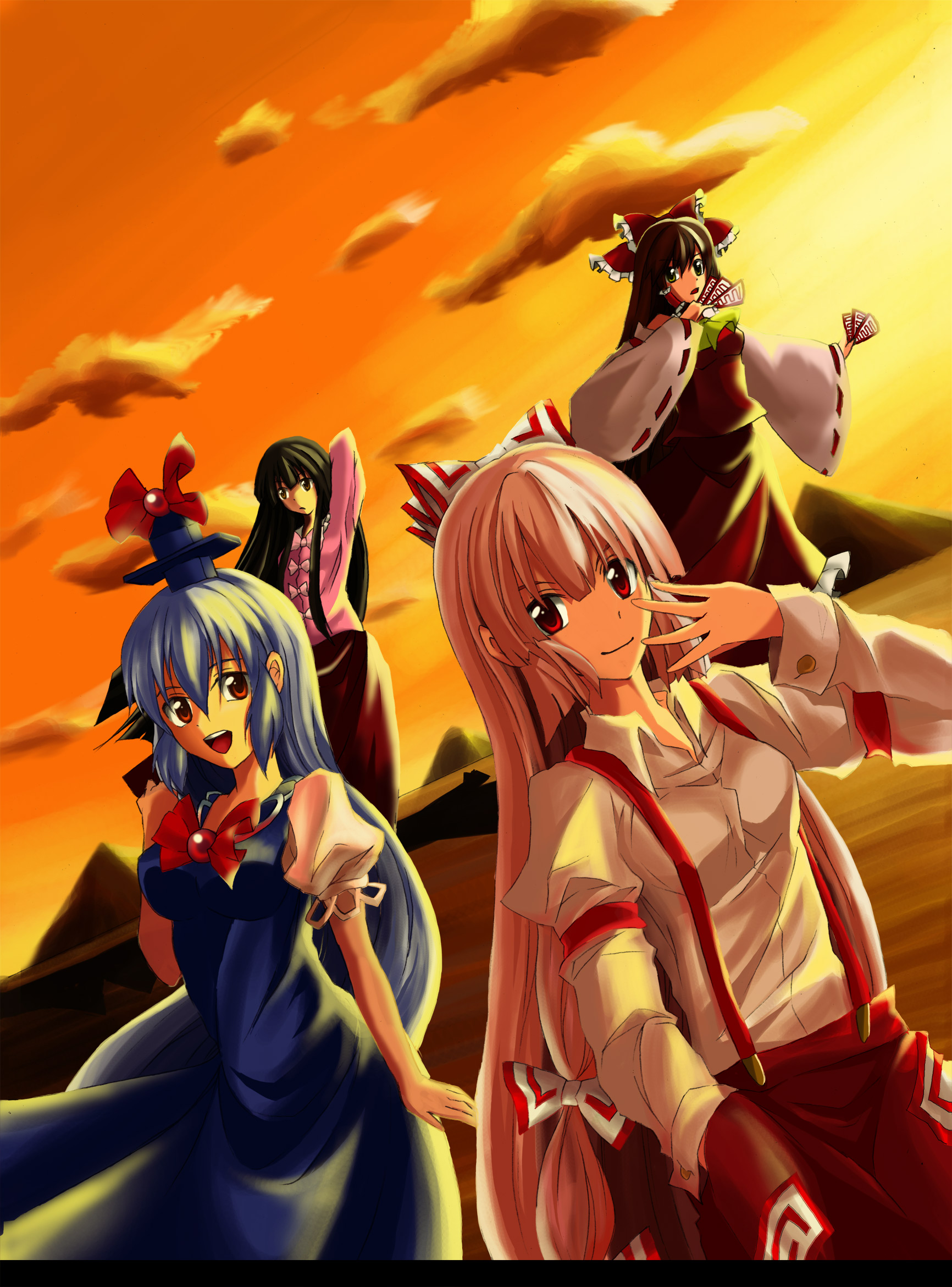 mizumiyako, fujiwara no mokou, hakurei reimu, houraisan kaguya, kamishirasawa keine, touhou, silver hair, bad id, bad pixiv id, highres, 4girls, black hair, blue hair, bow, brown hair, collared shirt, detached sleeves, dutch angle, female focus, hair bow, hair ribbon, hair tubes, hat, holding, long hair, long sleeves, looking at viewer, multiple girls, ofuda, open mouth, orange sky, outdoors, puffy short sleeves, puffy sleeves, red eyes, ribbon, shirt, short sleeves, sky, smile, suspenders, very long hair