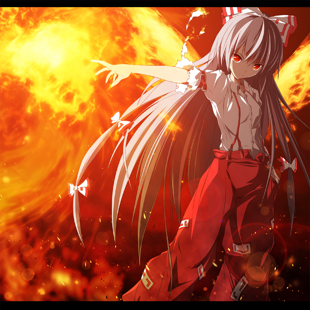 zb (dawn-blue), fujiwara no mokou, touhou, 1girl, baggy pants, female focus, fire, lens flare, letterboxed, long hair, outstretched arm, pants, solo, suspenders, torn clothes, very long hair