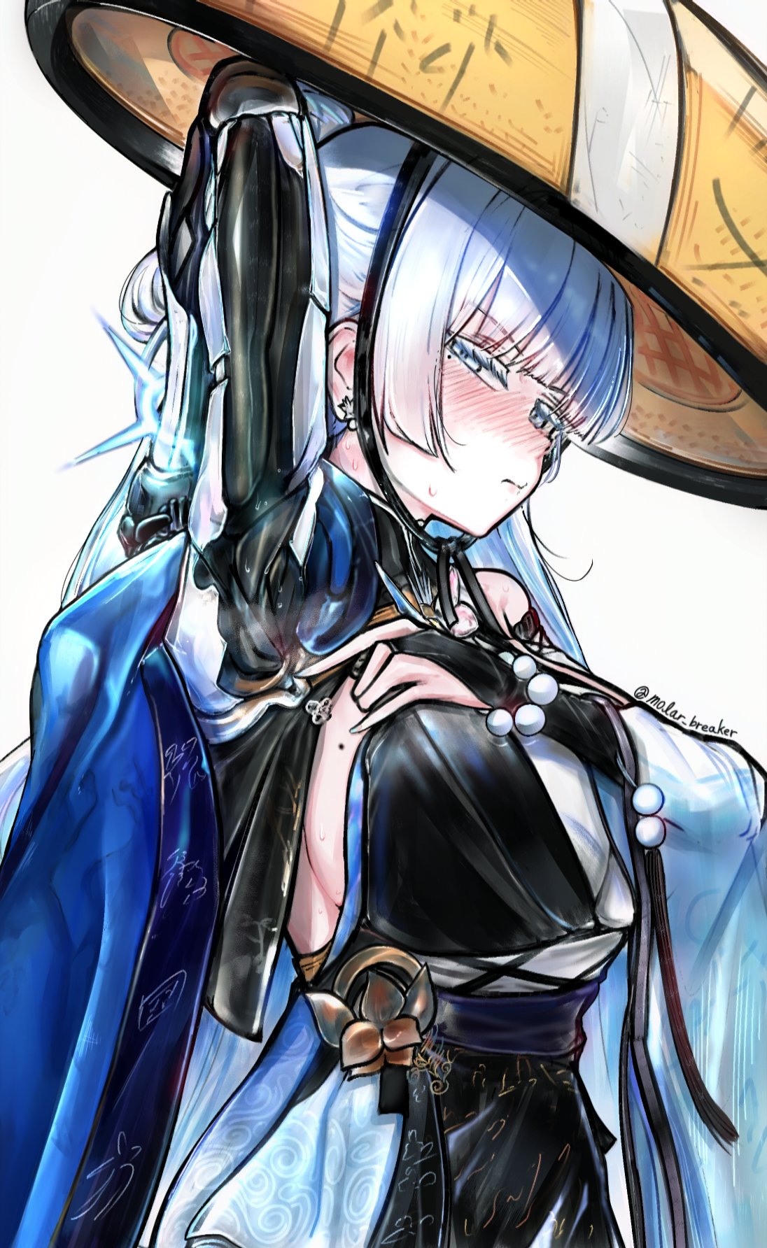 molar breaker, nayuta (nikke), goddess of victory: nikke, highres, 1girl, arm behind head, arm up, armpits, bead bracelet, beads, blue haori, blush, bracelet, breasts, bridal gauntlets, colored eyelashes, embarrassed, grey hair, haori, hat, japanese clothes, jewelry, jingasa, large breasts, long hair, looking at viewer, mechanical arms, mole, mole on breast, monk, presenting armpit, print haori, sideboob, single mechanical arm, solo, split-color clothes, thick eyelashes, unusually open eyes, very long hair, water sleeves, white eyelashes, white hair