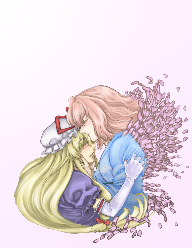 oonamazu, saigyouji yuyuko, saigyouji yuyuko (living), yakumo yukari, touhou, 2girls, blonde hair, comforting, elbow gloves, female focus, gloves, hat, long hair, multiple girls, petals, pink hair, short hair, tears