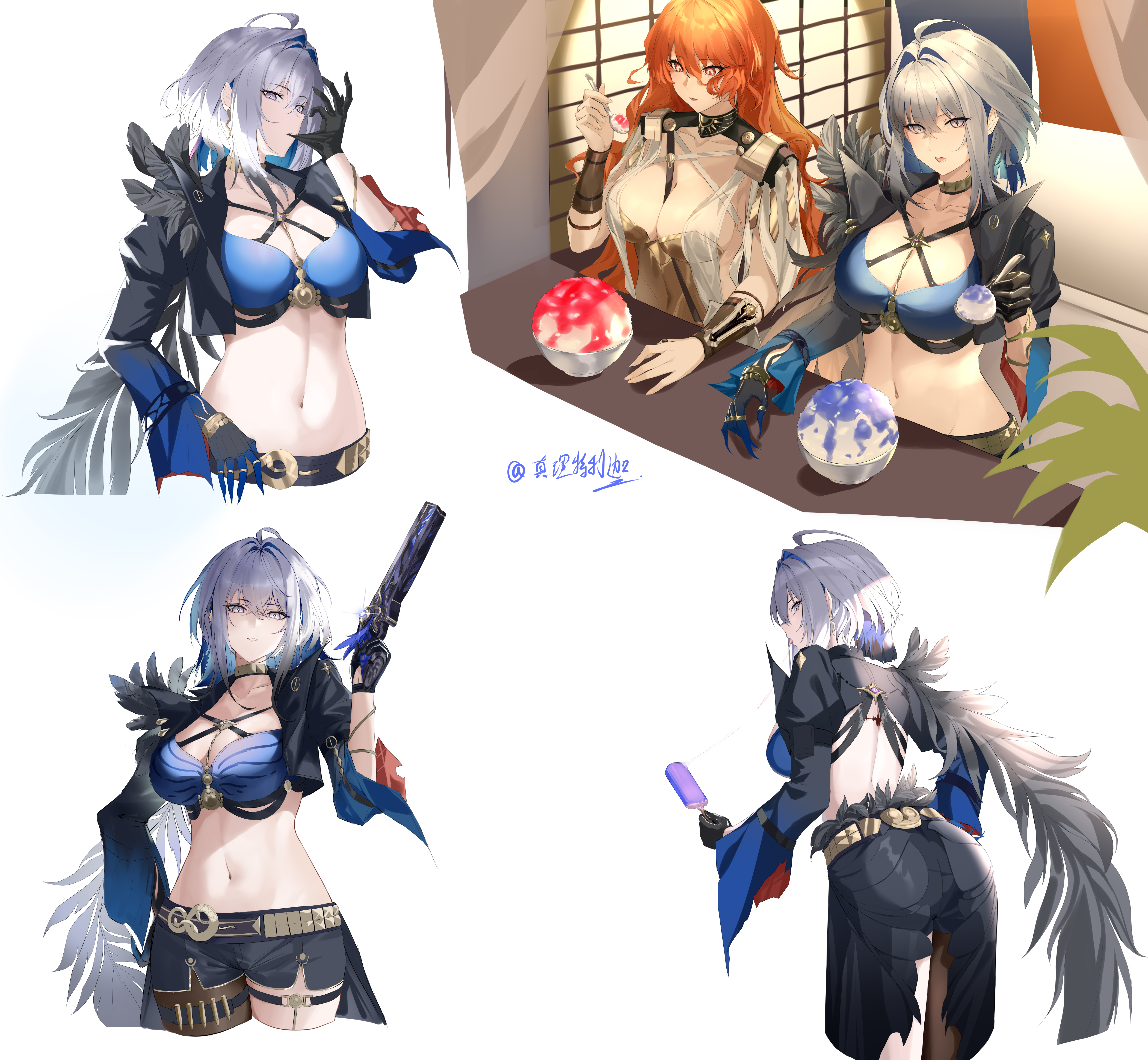 zhenli trigger, augusta (wuthering waves), galbrena (wuthering waves), wuthering waves, absurdres, chinese commentary, commentary request, highres, 2girls, ahoge, armor, artist name, ass, bandeau, belt, black belt, black collar, black gloves, black jacket, black pantyhose, black shorts, blue bandeau, blue hair, blue hands, bowl, breastplate, breasts, cleavage, closed mouth, collar, collarbone, colored extremities, cowboy shot, criss-cross straps, cropped jacket, cropped legs, dress, earrings, food, from behind, glove pull, gloves, gold armor, gold choker, grey hair, groin, gun, hair between eyes, hair intakes, hand up, holding, holding food, holding gun, holding popsicle, holding spoon, holding weapon, indoors, jacket, jewelry, large breasts, long hair, long sleeves, looking at viewer, medium hair, midriff, multicolored hair, multiple girls, navel, open clothes, open jacket, open mouth, orange hair, pantyhose, popsicle, purple eyes, red eyes, shadow, shaved ice, shorts, sidelocks, single leg pantyhose, single wing, sitting, spoon, standing, vambraces, very long fingernails, weapon, white dress, wings