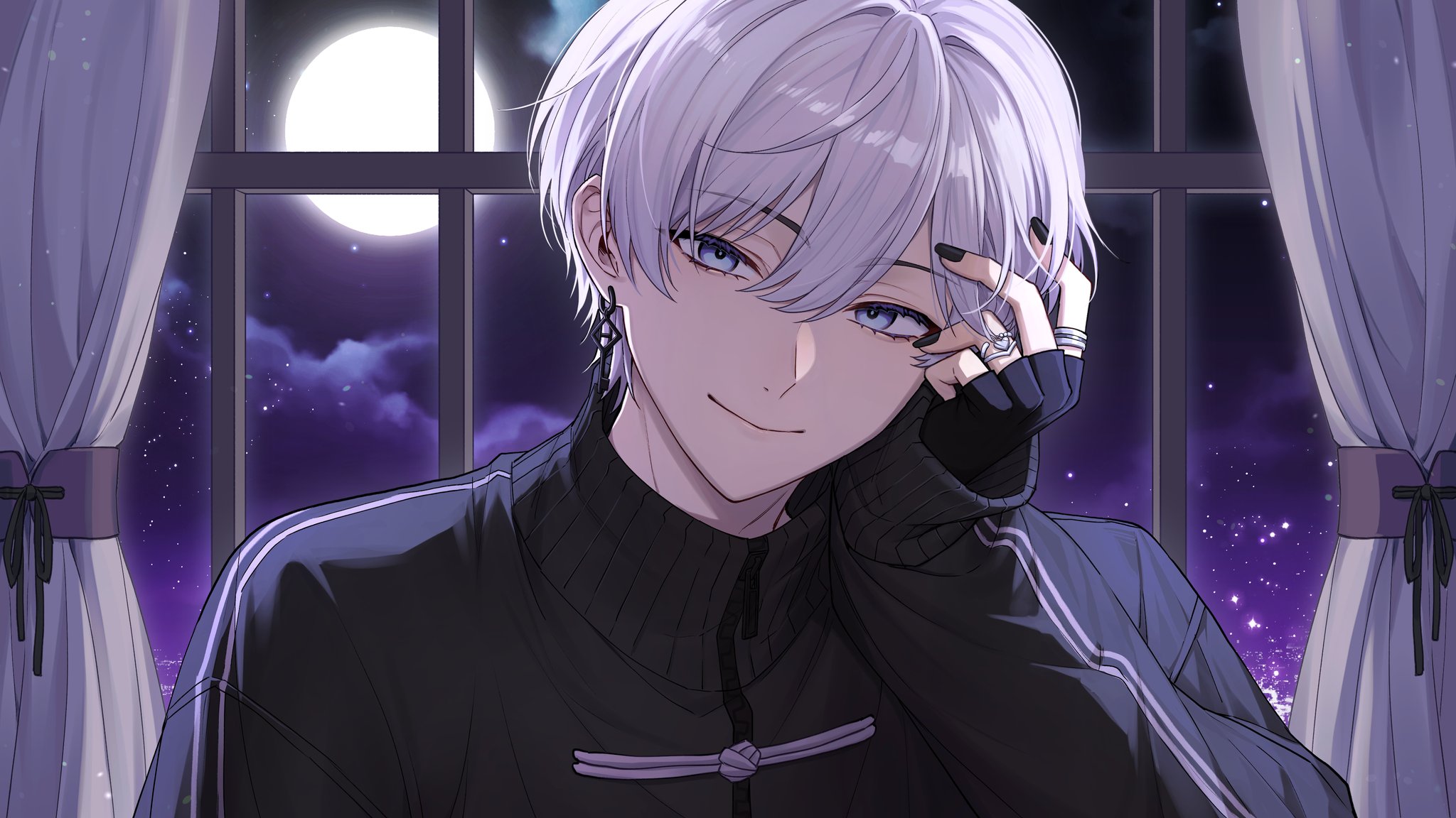 nanin, knight a, heart ring, highres, official art, 1boy, black gloves, black jacket, blue eyes, closed mouth, cloud, curtains, double-parted bangs, earrings, fingerless gloves, full moon, gloves, hair between eyes, hand on own head, head rest, indoors, jacket, jewelry, key earrings, long sleeves, looking at viewer, male focus, moon, multiple rings, portrait, purple sky, ring, short hair, sky, sleeves past wrists, smile, solo, star (sky), starry sky, takeyaki shou, track jacket, utaite, window, zipper pull tab