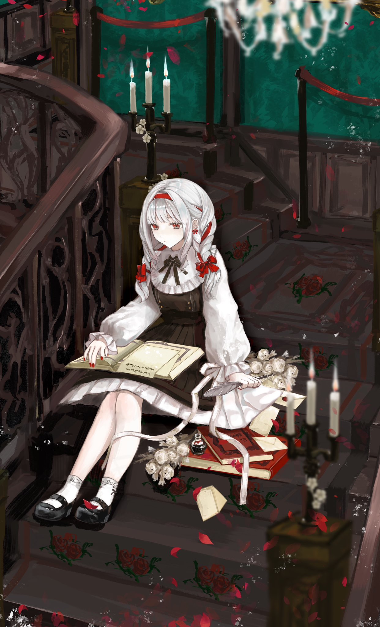 original, highres, 1girl, amazu (uzu amazu), black bow, black dress, black shoes, book, bow, candelabra, candle, candlestand, dress, earrings, flower, hairband, indoors, jewelry, letter, nail polish, paper, reading, red eyes, shoes, short hair, sitting, socks, solo, stairs, white hair, white socks