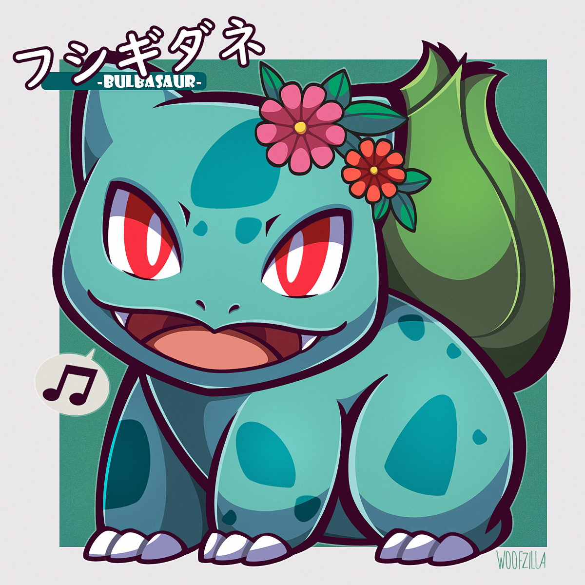 woofzilla, bulbasaur, nintendo, pokemon, highres, translation request, character name, claws, flower, full body, gen 1 pokemon, hair flower, hair ornament, looking at viewer, musical note, no humans, nostrils, open mouth, orange flower, pink flower, pokemon (creature), red eyes, signature, sitting, solo, spoken musical note