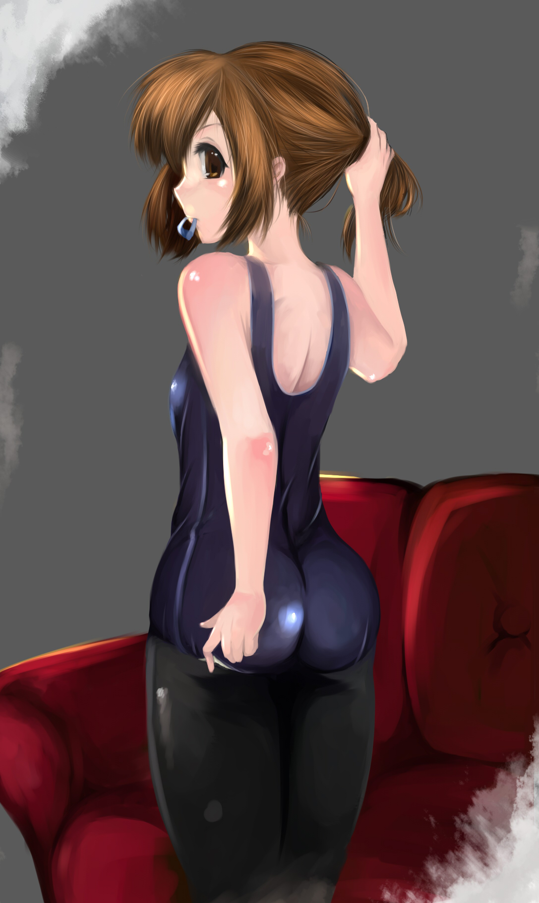 mr chwadee, hirasawa yui, k-on!, highres, 00s, 1girl, alternate hairstyle, ass, brown eyes, brown hair, couch, female focus, hairdressing, looking back, mouth hold, one-piece swimsuit, pantyhose, pantyhose under swimsuit, ponytail, profile, red upholstery, school swimsuit, short hair, solo, swimsuit