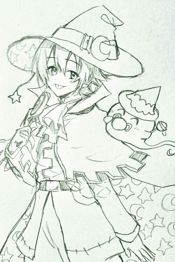 murata tefu, puyopuyo, puyopuyo quest, candy, cape, crescent, crescent hat ornament, food, greyscale, halloween, hat, hat ornament, lollipop, male focus, matthew (puyopuyo), monochrome, open mouth, simple background, smile, star (symbol), swirl lollipop, white background, witch hat