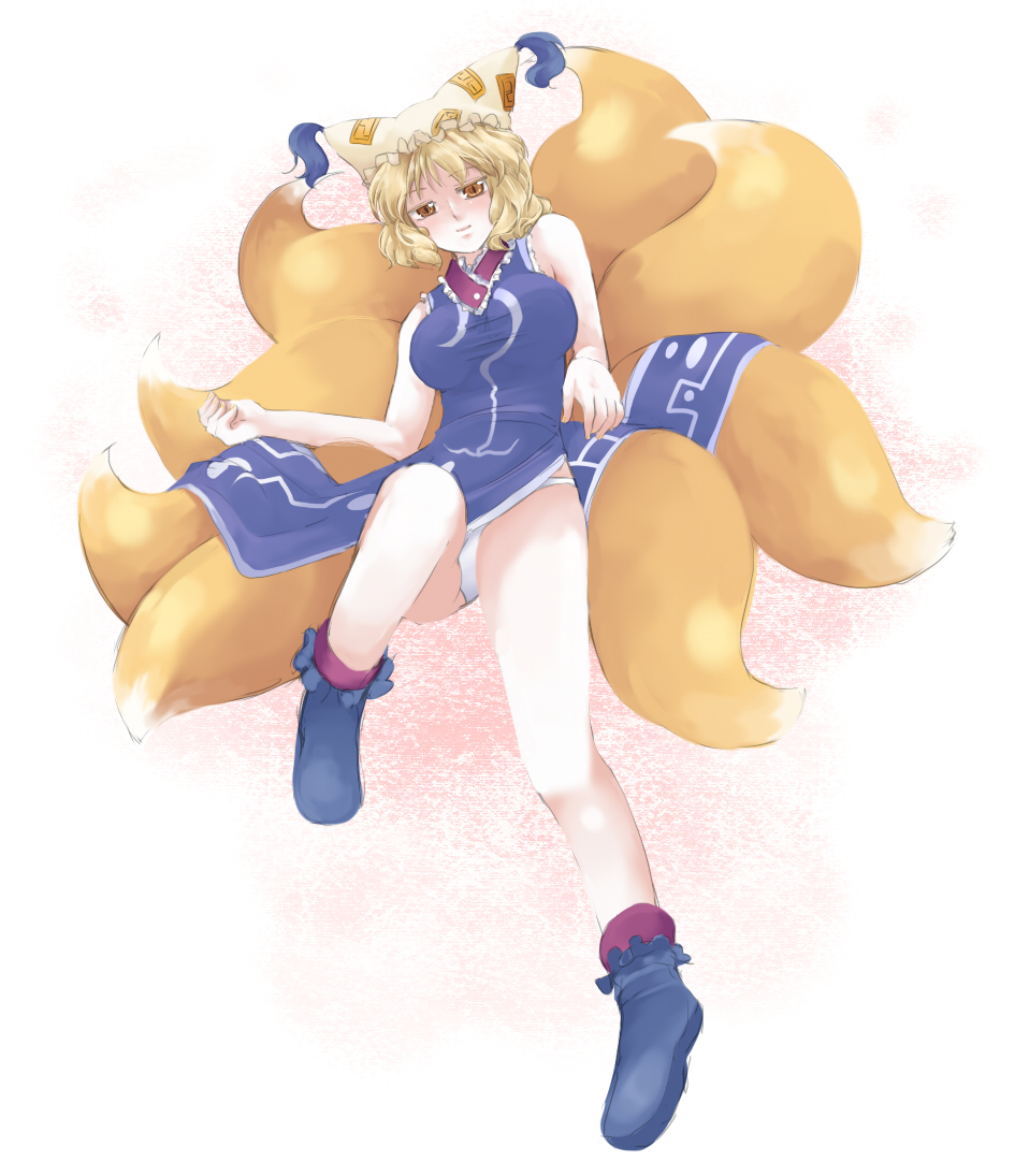 isuka, yakumo ran, touhou, 1girl, animal hat, blonde hair, female focus, fox tail, full body, hat, mob cap, multiple tails, panties, shoes, short hair, sleeveless, solo, tail, tassel, underwear, white background, yellow eyes