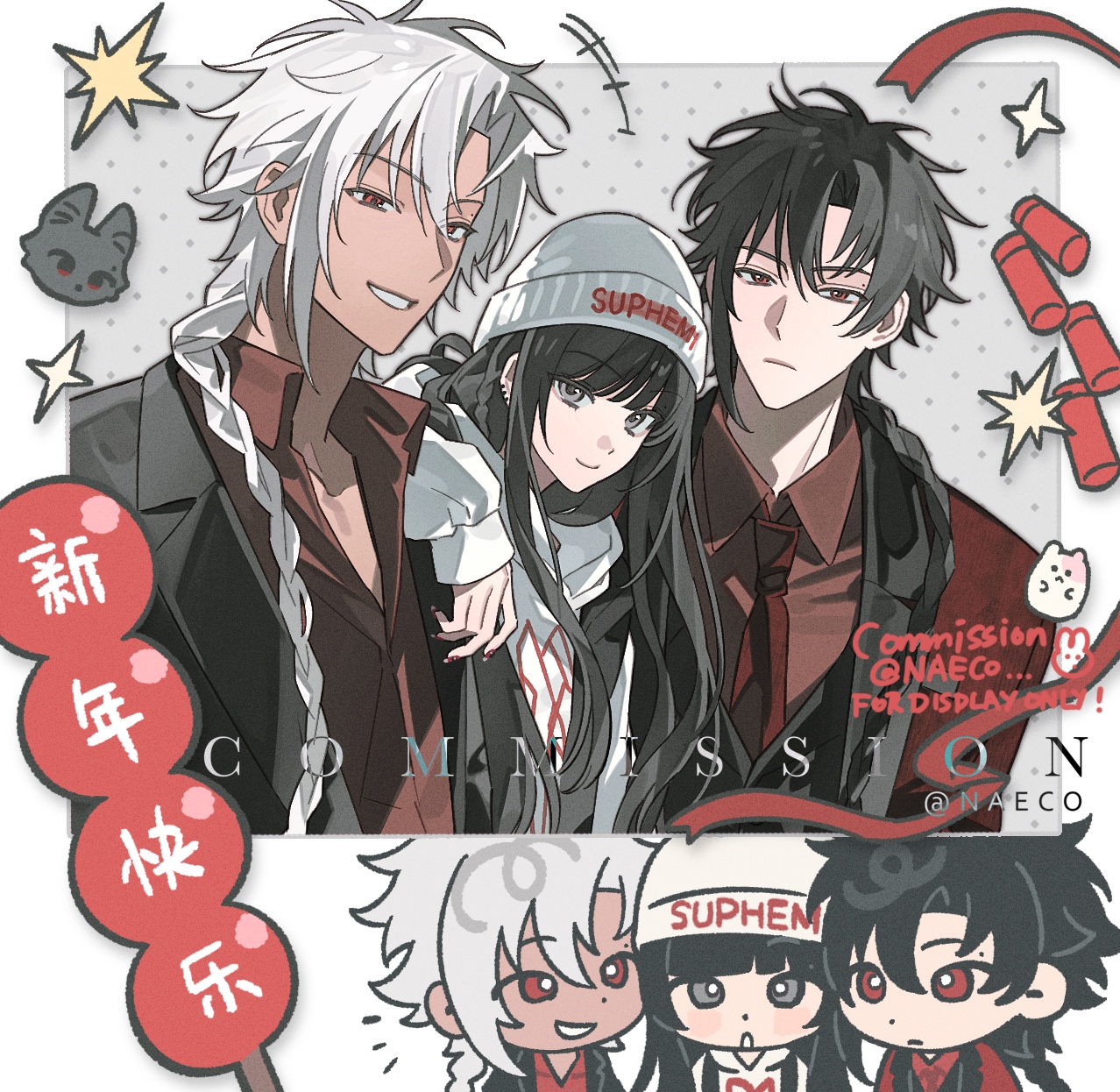 evodtonaeco, original, highres, 1girl, 2boys, black hair, black jacket, braid, chibi, chibi only, chinese text, collared shirt, dark skin, formal clothes, grey hair, hair between eyes, hand on another's shoulder, hat, hood, hoodie, jacket, long hair, long sleeves, multiple boys, necktie, open clothes, open jacket, red eyes, red necktie, red shirt, shirt, short hair, sleeves past wrists, star (symbol), suit, vest, white hoodie