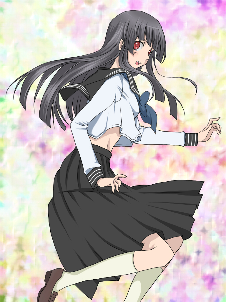 mitsuko, arashiyama sayoko, natsu no arashi!, bad id, bad pixiv id, 00s, 1girl, black hair, blush, female focus, kneehighs, long hair, midriff, red eyes, ribbon, school uniform, serafuku, skirt, socks, solo