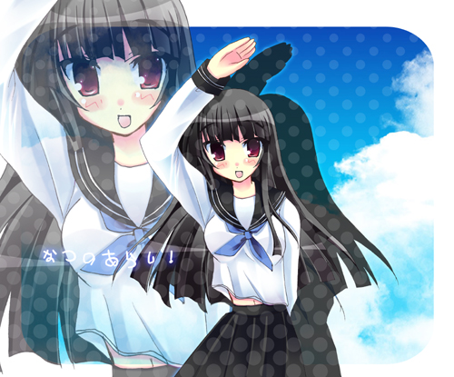 yuuki tsubasa, arashiyama sayoko, natsu no arashi!, lowres, 00s, 1girl, black hair, blunt bangs, blush, cloud, female focus, hime cut, long hair, midriff, navel, red eyes, ribbon, school uniform, serafuku, skirt, solo, zoom layer