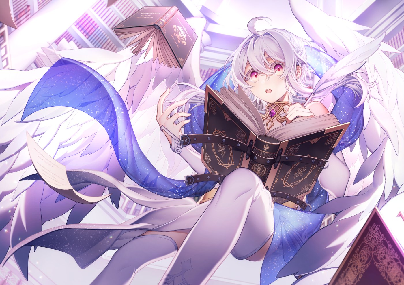 original, 1boy, ahoge, bare shoulders, book, bookshelf, feathered wings, gem, hagoromo, holding, holding quill, indoors, looking at viewer, open book, open mouth, purple eyes, purple gemstone, quill, shawl, short hair, solo, thighhighs, thx 39, white hair, white thighhighs, white wings, wings