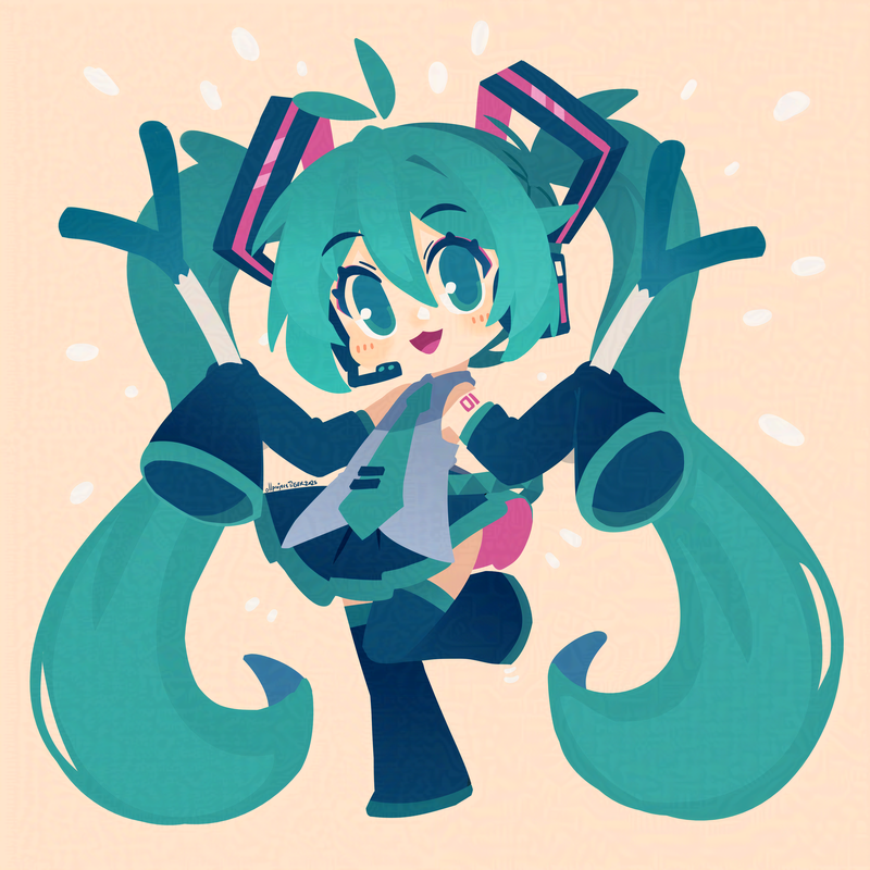 projecttiger, hatsune miku, vocaloid, commentary, symbol-only commentary, 1girl, absurdly long hair, aqua hair, blue eyes, boots, detached sleeves, food, full body, hair ornament, headphones, headset, holding, holding food, holding spring onion, holding vegetable, long hair, long sleeves, looking at viewer, necktie, open mouth, pleated skirt, shirt, skirt, sleeveless, sleeveless shirt, sleeves past fingers, sleeves past wrists, smile, solo, spring onion, standing, standing on one leg, thigh boots, tie clip, vegetable, very long hair