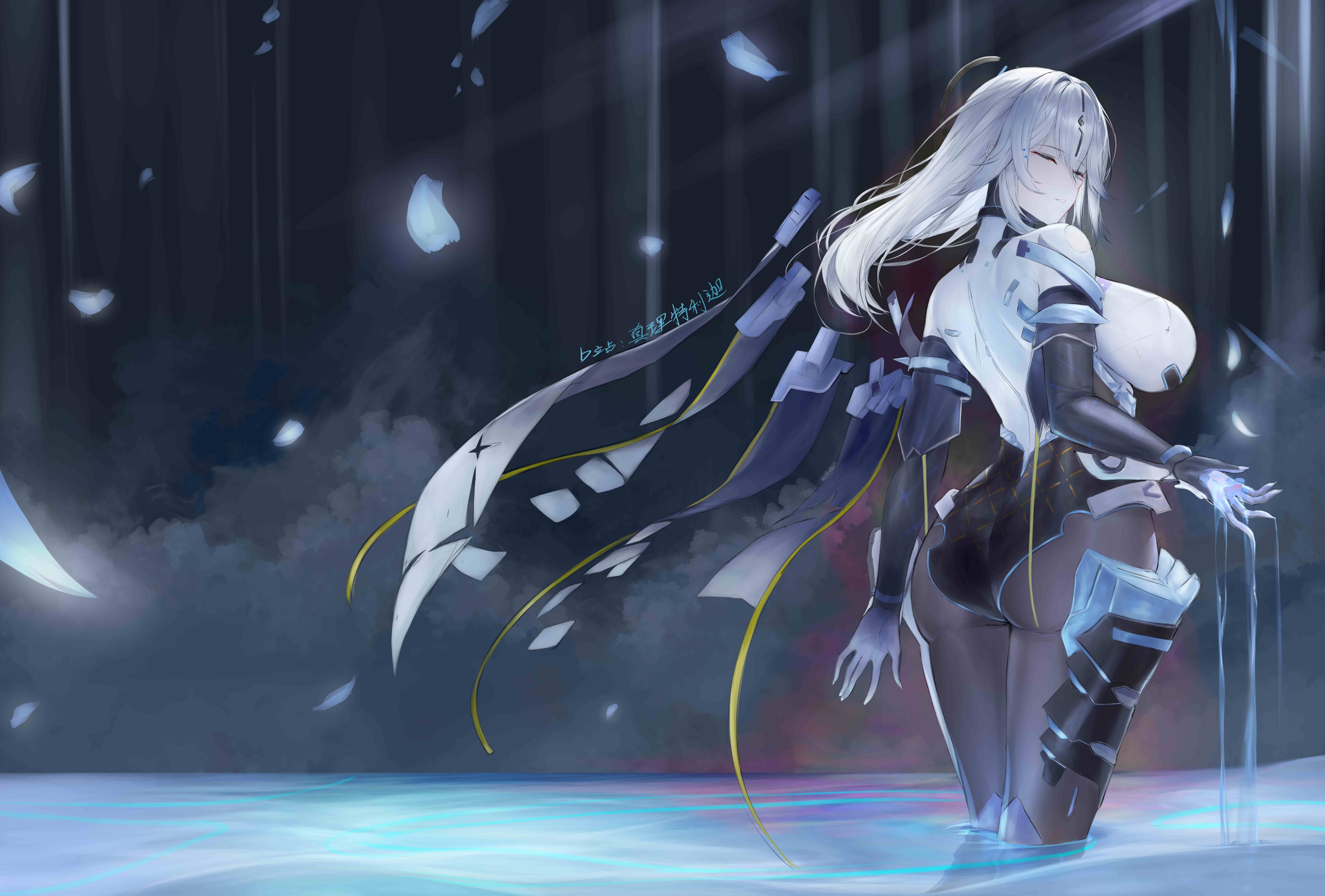 zhenli trigger, lyfe bestla, lyfe bestla – infinite sight, snowbreak: containment zone, absurdres, chinese commentary, commentary request, highres, 1girl, ass, black gloves, black leotard, black pantyhose, breasts, closed eyes, elbow gloves, floating cape, forest, gloves, hair between eyes, impossible clothes, impossible leotard, large breasts, leotard, long hair, nature, outdoors, pantyhose, parted lips, sidelocks, solo, standing, wading, water, white hair, white leotard