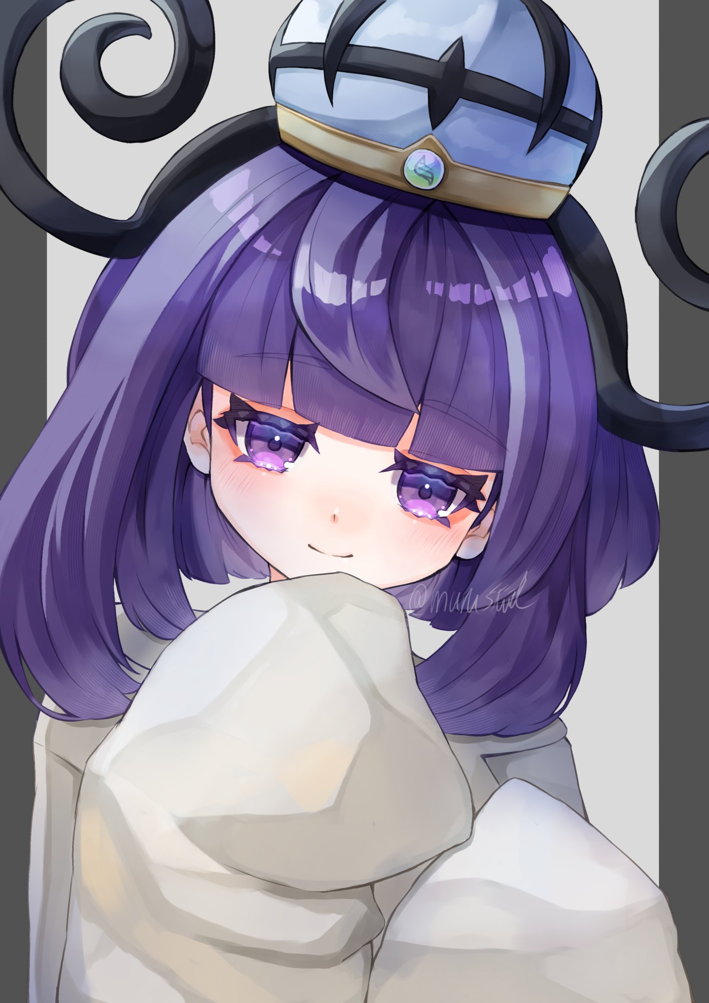 marushi (marusiiiil), gwynn (pokemon), nintendo, pokemon, pokemon legends: z-a, highres, 1girl, blunt bangs, blush, bob cut, closed mouth, coat, hat, long sleeves, looking at viewer, mega stone, purple eyes, purple hair, short hair, sleeves past fingers, sleeves past wrists, smile, solo, twitter username, upper body, white coat
