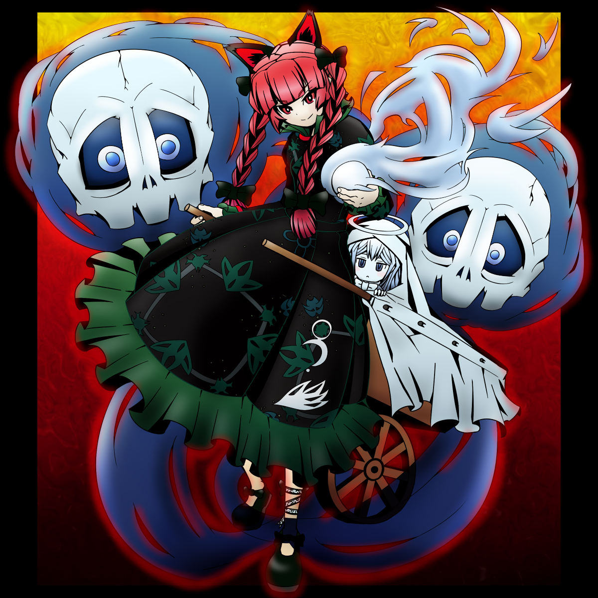 konoe (artist), konoe (roaroaroa), kaenbyou rin, zombie fairy (touhou), touhou, bad id, bad pixiv id, highres, 2girls, animal ears, braid, cat ears, cat girl, female focus, hair ribbon, multiple girls, red eyes, red hair, ribbon, short hair, twin braids, twintails