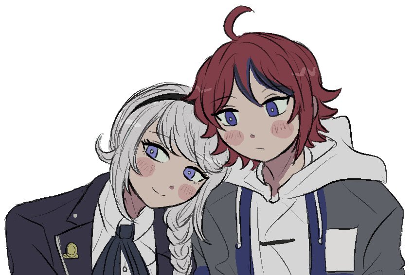 nana (7starssovereign), kirifuji nozomi, sumino takumi, the hundred line -last defense academy-, commission, ko-fi commission, 1boy, 1girl, black hair, black hairband, black jacket, black ribbon, blush stickers, braid, closed mouth, grey hair, grey jacket, hairband, hood, hood down, hoodie, jacket, long hair, looking at another, multicolored hair, neck ribbon, open clothes, open jacket, purple eyes, red hair, ribbon, short hair, simple background, smile, streaked hair, two-tone hair, white background, white hoodie