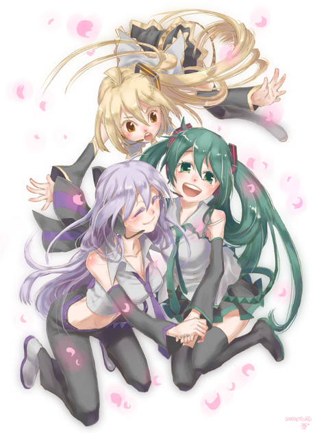 nazunan, akita neru, hatsune miku, yowane haku, vocaloid, silver hair, ahoge, blonde hair, closed eyes, detached sleeves, green eyes, green hair, long hair, necktie, petals, side ponytail, skirt, smile, tears, thighhighs, twintails, yellow eyes