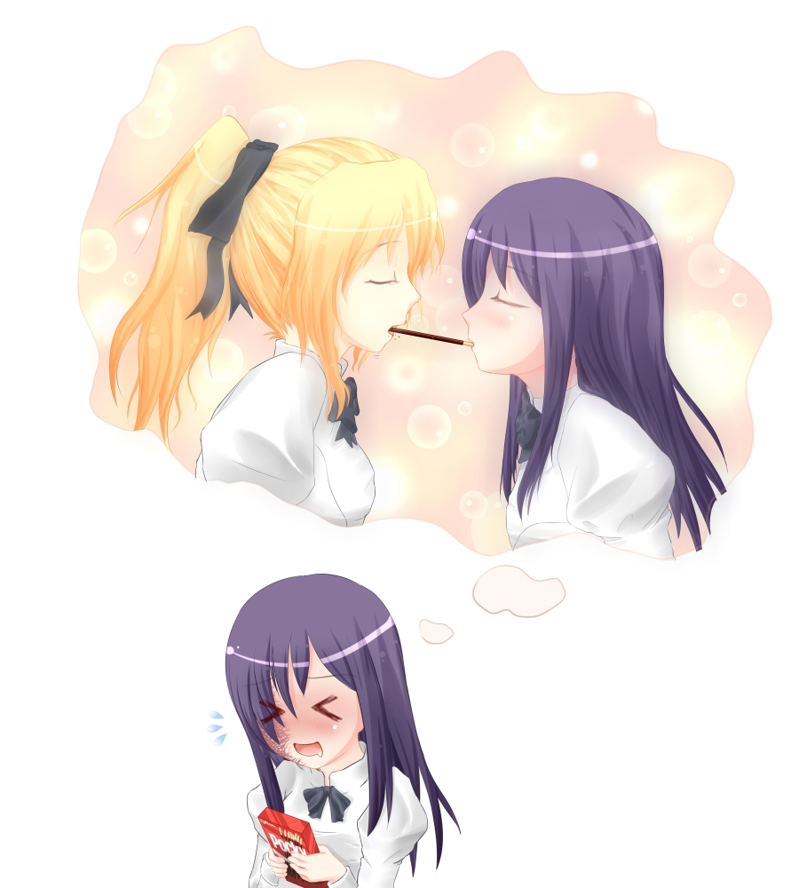 ambi07, derrasanc, ikezawa hanako, satou lilly, katawa shoujo, > <, 10s, 2girls, :d, blind, blonde hair, blush, bow, bowtie, closed eyes, drooling, female pervert, hair over one eye, imagining, long hair, mouth hold, multiple girls, open mouth, pervert, pocky, pocky kiss, ponytail, puffy sleeves, purple hair, scar, school uniform, shared food, smile, xd, yuri