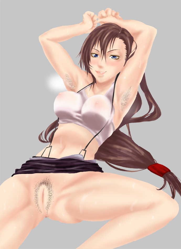 gizumo, tifa lockhart, final fantasy, final fantasy vii, 1990s (style), 1girl, armpit hair, armpits, arms up, blue eyes, breasts, brown hair, censored, female focus, female pubic hair, long hair, pubic hair, pussy, retro artstyle, skirt, smell, solo, suspenders, sweat