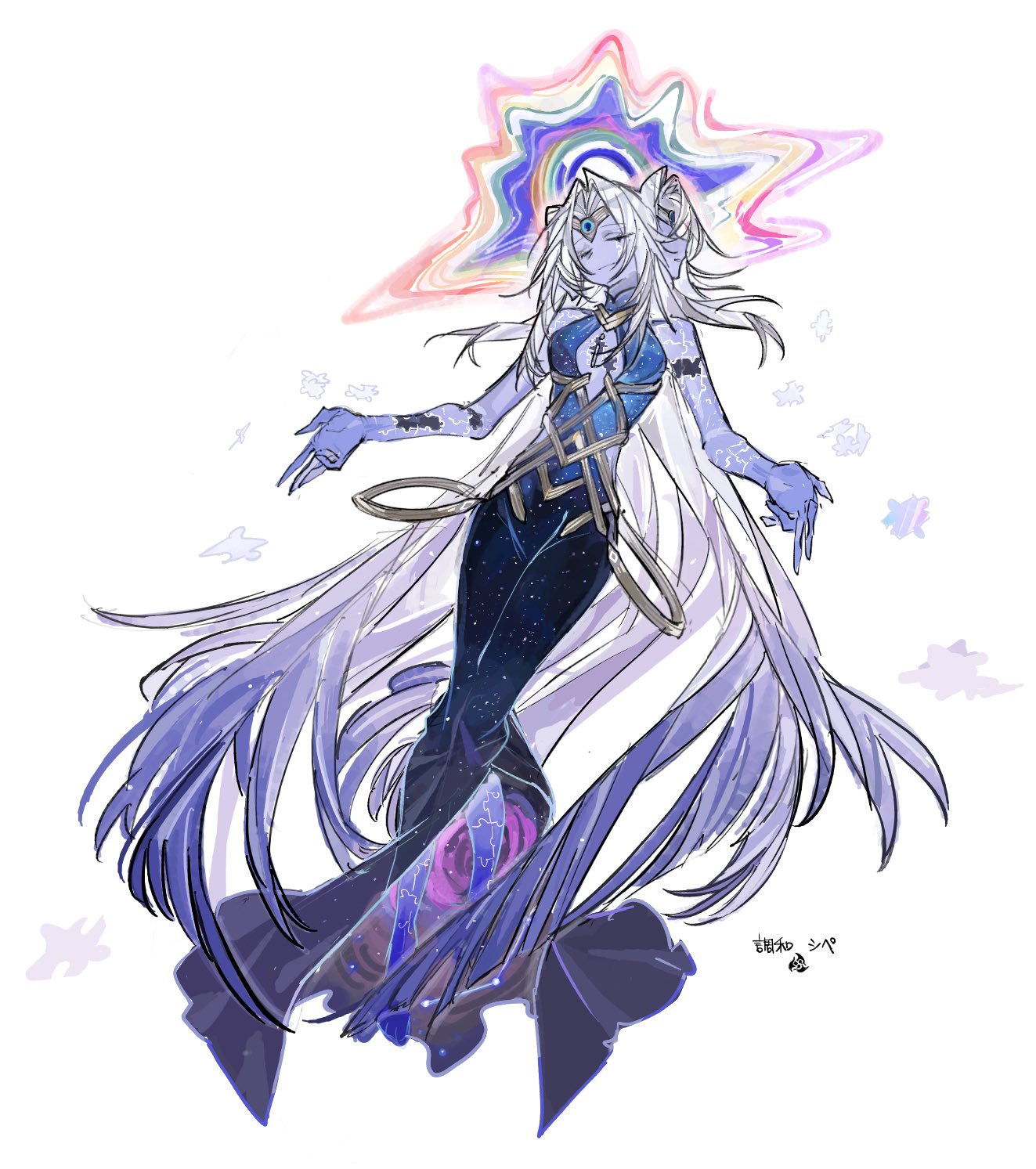 xipe (honkai: star rail), honkai: star rail, honkai (series), highres, 1other, blue dress, blue skin, closed eyes, colored skin, dress, extra faces, full body, long dress, long hair, miri 713, multicolored hair, puzzle piece, simple background, sleeveless, sleeveless dress, solo, very long hair, white background, white hair