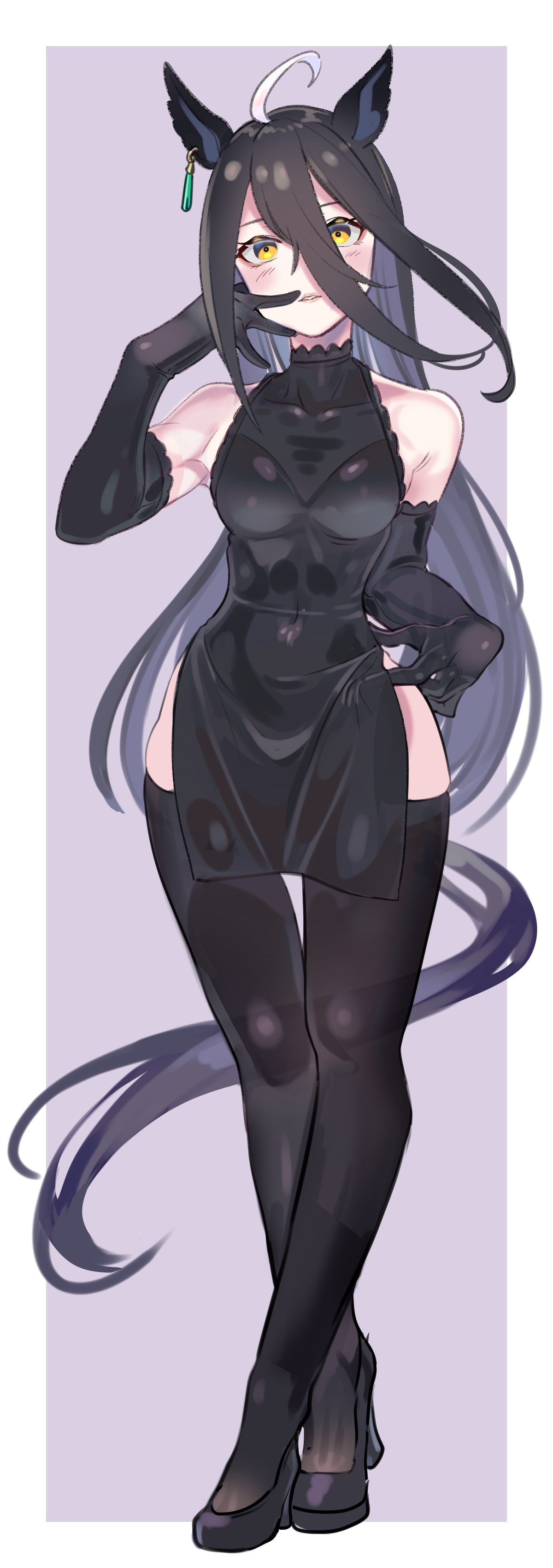 doushi tatsu to dekkai no, manhattan cafe (umamusume), umamusume, absurdres, highres, 1girl, animal ears, black dress, black gloves, black hair, black shoes, black thighhighs, breasts, dress, elbow gloves, full body, gloves, horse ears, horse girl, horse tail, long hair, long sleeves, looking at viewer, medium breasts, shoes, solo, standing, tail, thighhighs, yellow eyes