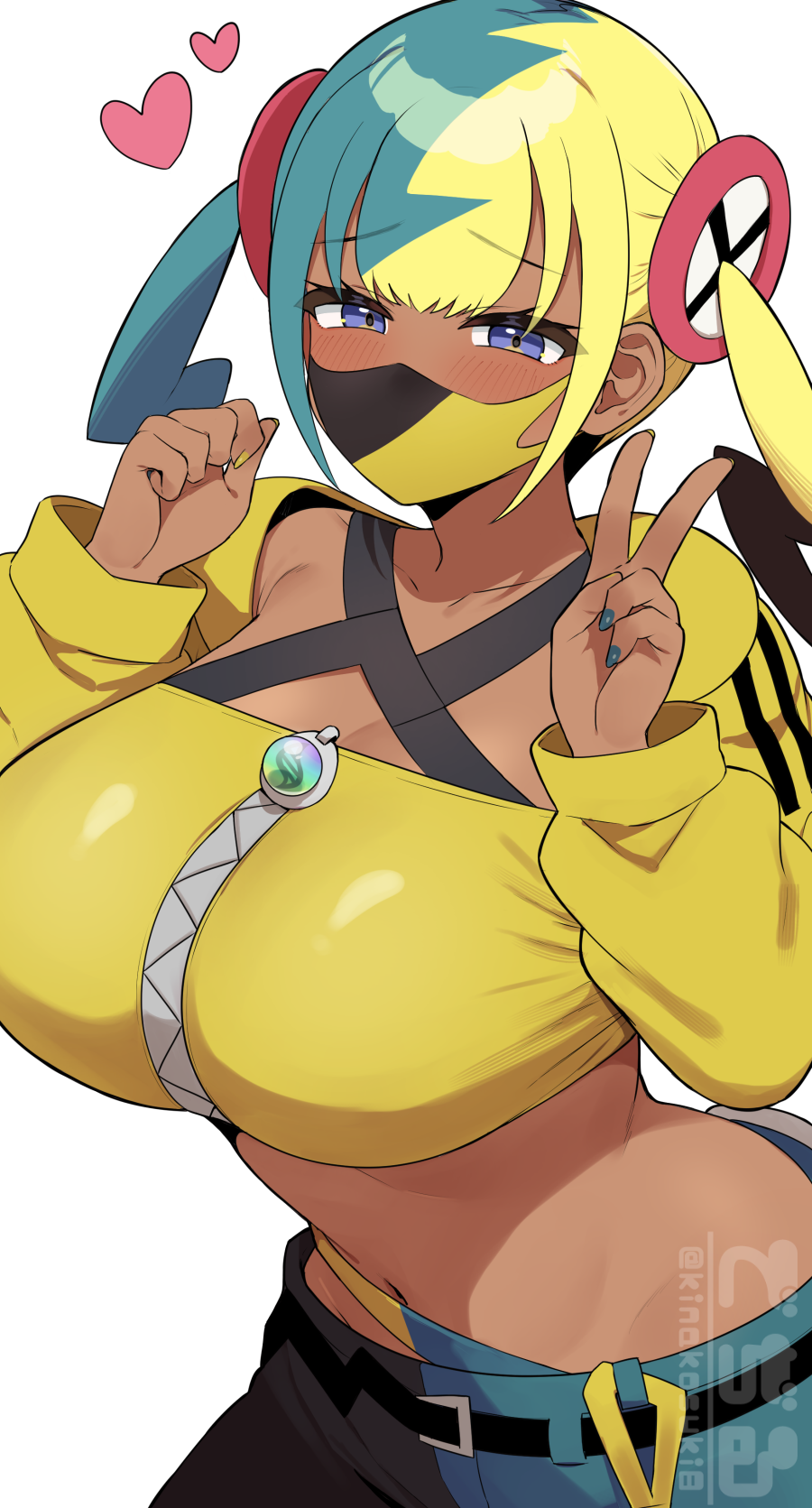 kinakosuki, canari (pokemon), nintendo, pokemon, pokemon legends: z-a, highres, 1girl, belt, black mask, blonde hair, blue eyes, blue hair, blue nails, blush, breasts, cleavage, collarbone, criss-cross halter, crop top, cropped jacket, dark-skinned female, dark skin, fellatio gesture, hair ornament, halterneck, heart, jacket, large breasts, long hair, long sleeves, looking at viewer, mask, midriff, mouth mask, multicolored hair, nail polish, navel, pants, simple background, solo, twintails, two-tone mask, v, white background, yellow jacket