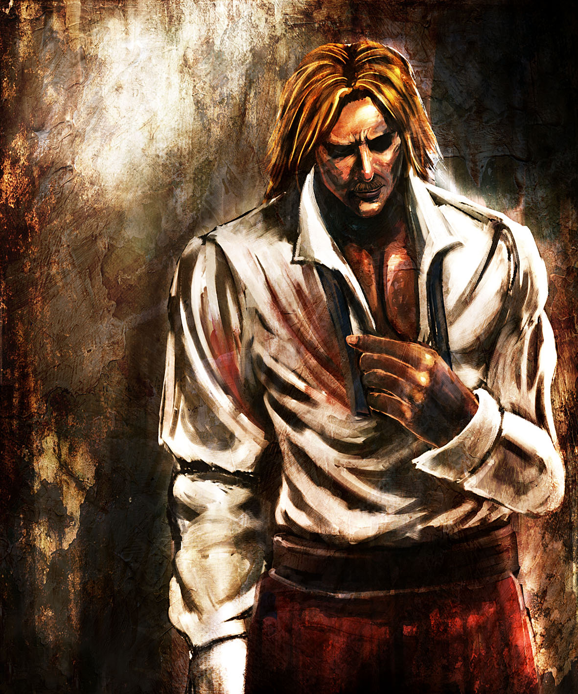 bccp, rugal bernstein, snk, the king of fighters, highres, 1boy, blonde hair, facial hair, male focus, manly, mustache, open clothes, open shirt, shirt, solo