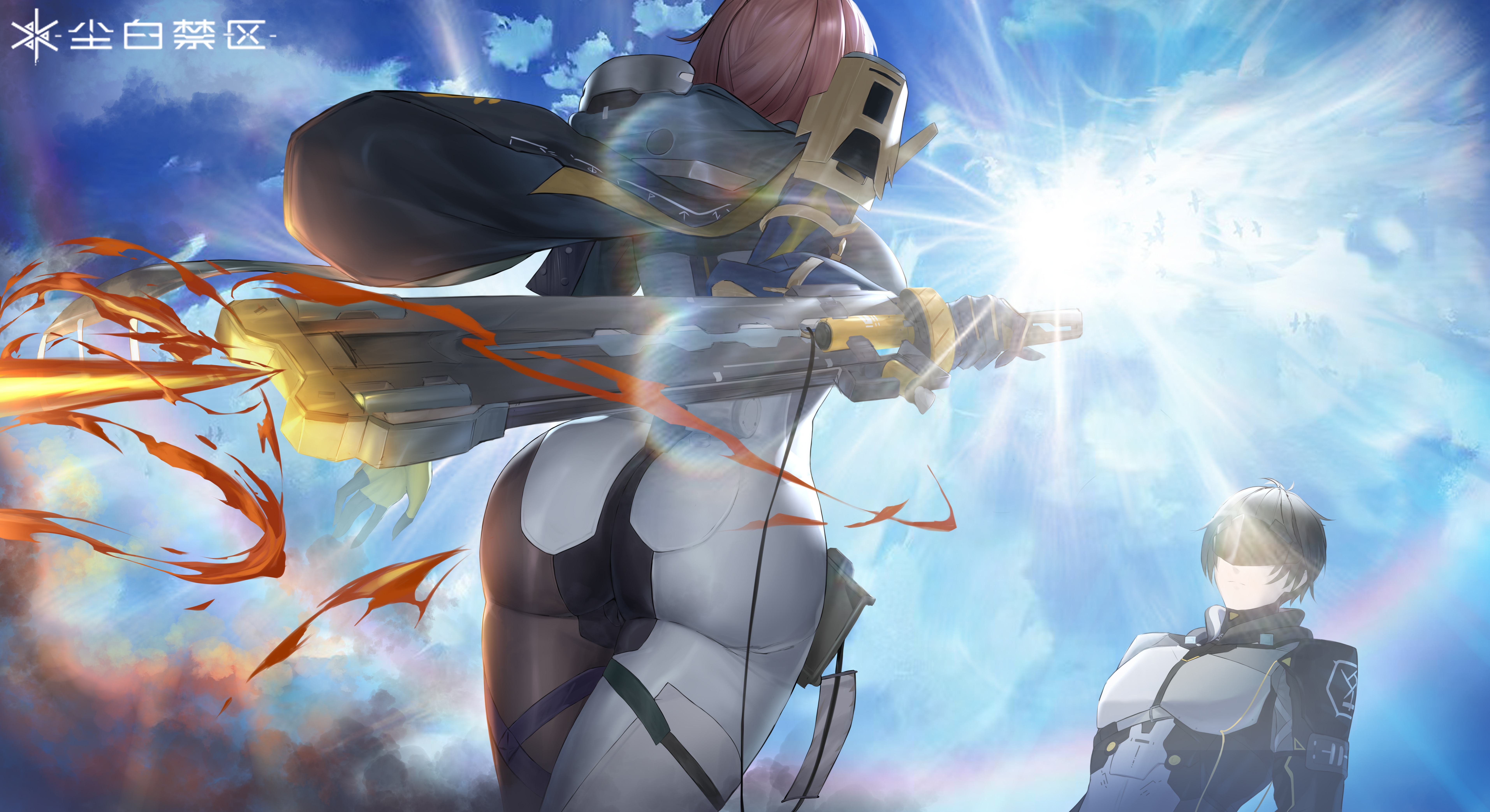 zhenli trigger, adjutant (snowbreak), naruse haru (snowbreak), snowbreak: containment zone, absurdres, chinese commentary, commentary request, highres, 1boy, 1girl, ass, black bodysuit, black hair, blue sky, bodysuit, breasts, brown hair, cloud, day, faceless, faceless male, facing another, from behind, from below, holding, holding sword, holding weapon, large breasts, lens flare, logo, naruse haru – absconditus (snowbreak), rainbow, short hair, sidelocks, sky, standing, sunlight, sword, weapon, white bodysuit