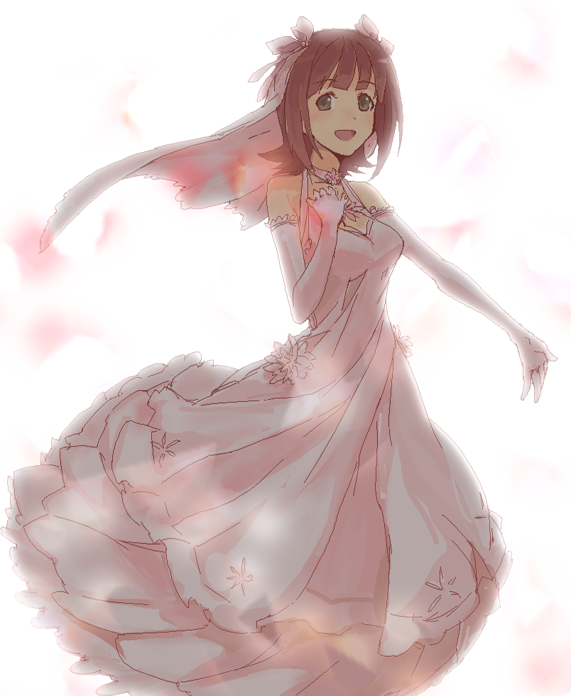 kusanagi kaoru, amami haruka, idolmaster, idolmaster (classic), 00s, 1girl, bridal veil, bride, brown hair, dress, elbow gloves, female focus, gloves, green eyes, solo, veil, wedding dress, white background