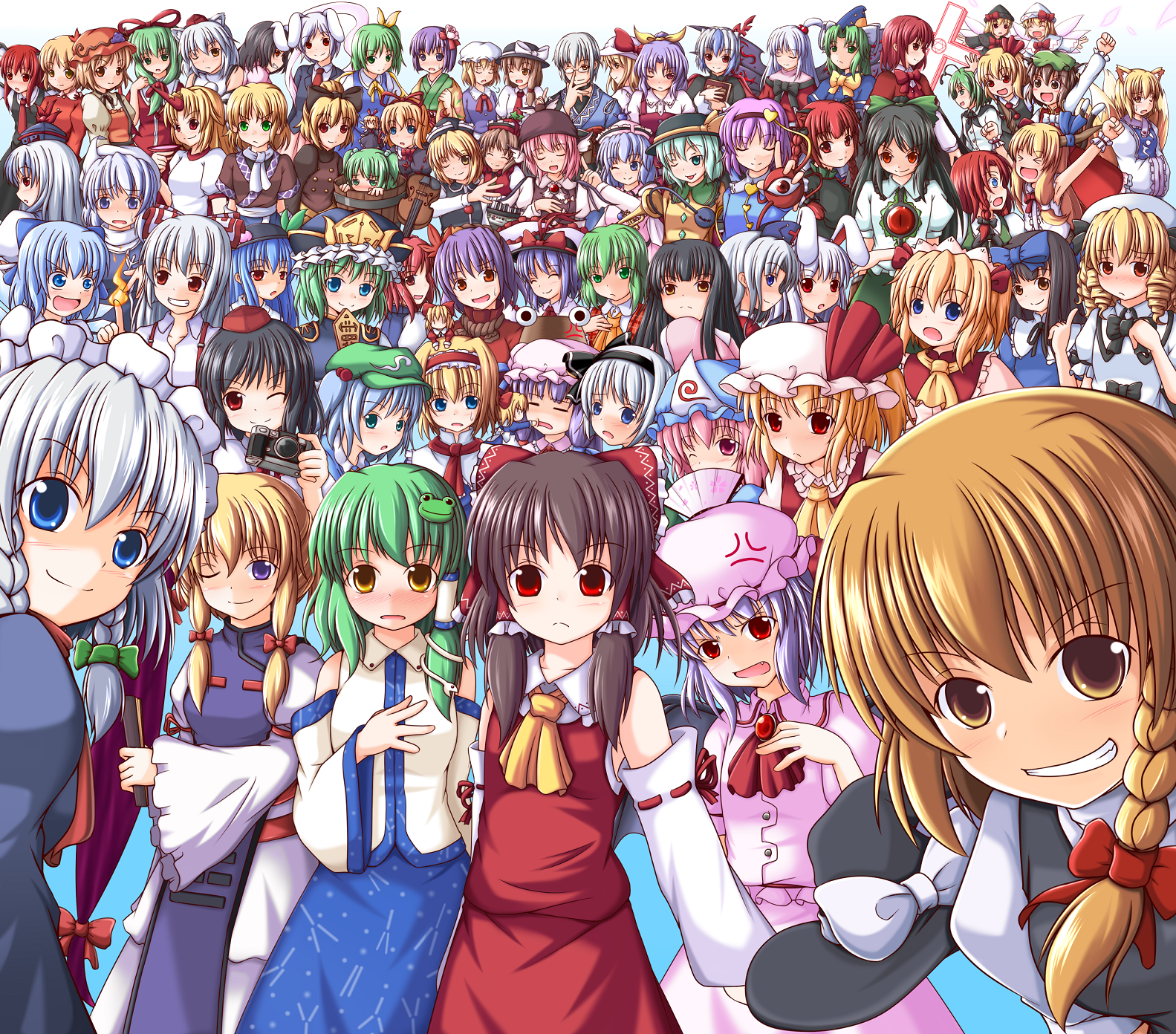 foferozze, aki minoriko, aki shizuha, alice margatroid, chen, cirno, daiyousei, flandre scarlet, fujiwara no mokou, hakurei reimu, hieda no akyuu, hinanawi tenshi, hong meiling, hoshiguma yuugi, hourai doll, houraisan kaguya, ibuki suika, inaba tewi, inubashiri momiji, izayoi sakuya, kaenbyou rin, kagiyama hina, kamishirasawa keine, kawashiro nitori, kazami yuuka, kirisame marisa, kisume, koakuma, kochiya sanae, komeiji koishi, komeiji satori, konpaku youmu, kurodani yamame, letty whiterock, lily white, luna child, lunasa prismriver, lyrica prismriver, maribel hearn, medicine melancholy, merlin prismriver, mima (touhou), mizuhashi parsee, morichika rinnosuke, moriya suwako, mystia lorelei, nagae iku, okazaki yumemi, onozuka komachi, patchouli knowledge, reisen, reisen udongein inaba, reiuji utsuho, remilia scarlet, rumia, saigyouji yuyuko, shameimaru aya, shanghai doll, shiki eiki, shinki (touhou), star sapphire, su-san, sunny milk, tokiko (touhou), usami renko, watatsuki no toyohime, watatsuki no yorihime, wriggle nightbug, yagokoro eirin, yakumo ran, yakumo yukari, yasaka kanako, mystic square, phantasmagoria of dim.dream, touhou, touhou (pc-98), bad id, bad pixiv id, highres, 6+girls, blonde hair, camera, everyone, hat, horns, multiple girls, red eyes, single horn, star (symbol)