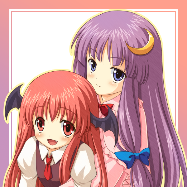 yamasan, koakuma, patchouli knowledge, embodiment of scarlet devil, touhou, 2girls, :d, aged down, bat wings, blue eyes, crescent, crescent hair ornament, fang, female focus, hair ornament, hair ribbon, head wings, long hair, multiple girls, necktie, no headwear, open mouth, purple hair, red eyes, red hair, red necktie, ribbon, smile, vest, wings