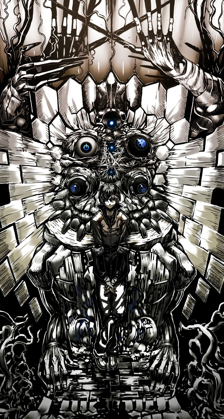 kahadu (kawazu), original, highres, 1boy, abstract, alien, black hair, blue eyes, male focus, smile, solo