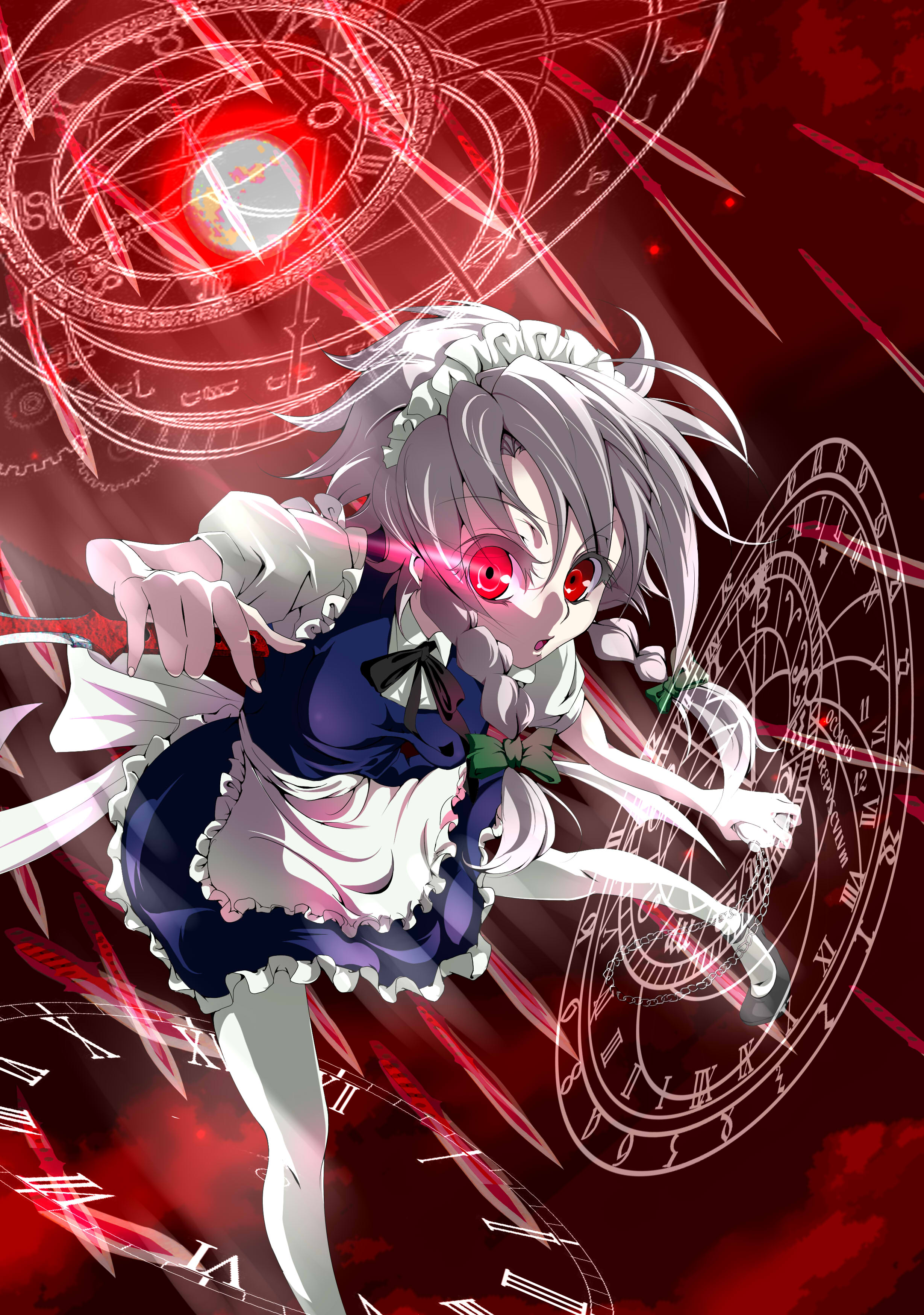 kujou ichiso, izayoi sakuya, embodiment of scarlet devil, touhou, silver hair, absurdres, bad id, bad pixiv id, highres, jpeg artifacts, 1girl, ||/, aquarius (symbol), aries (symbol), braid, cancer (symbol), capricorn (symbol), female focus, gemini (symbol), glowing, glowing eyes, hairband, knife, leo (symbol), libra (symbol), magic circle, pisces (symbol), pocket watch, red eyes, sagittarius (symbol), scorpio (symbol), short hair, solo, taurus (symbol), twin braids, virgo (symbol), watch
