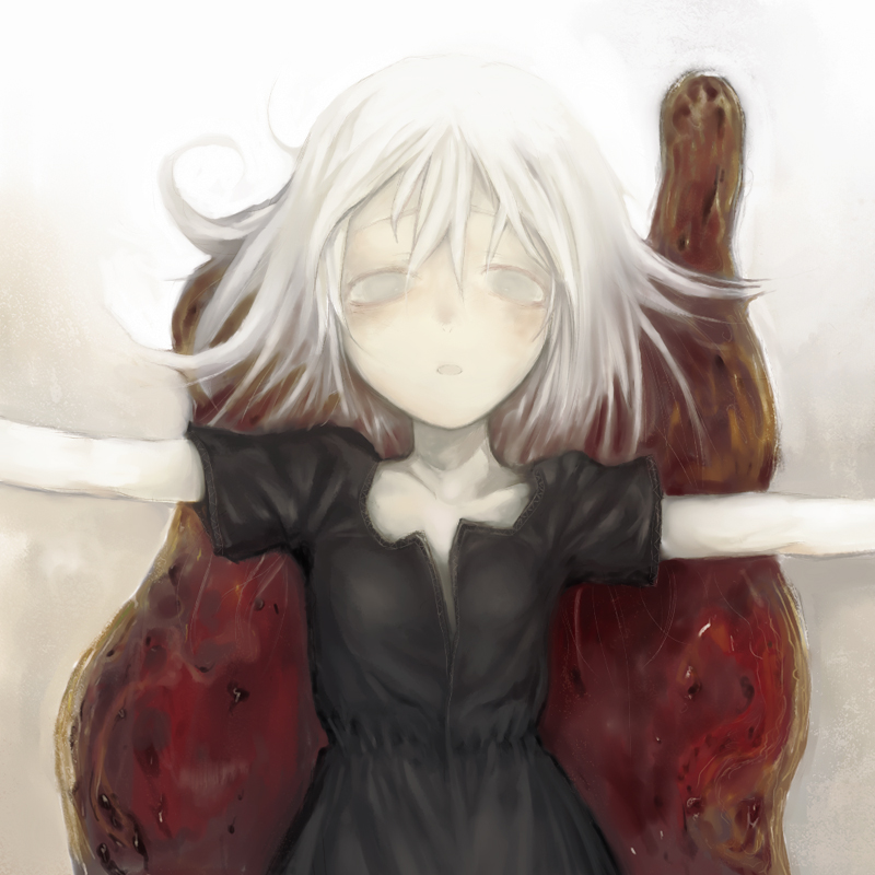 kikai (akita morgue), original, 1girl, blood, colored skin, dress, female focus, flat chest, guro, outstretched arms, solo, spread arms, white eyes, white hair, white skin