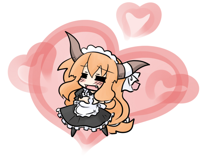 yanagi (nurikoboshi), ibuki suika, touhou, md5 mismatch, resolution mismatch, source smaller, 1girl, chibi, fang, female focus, heart, heart hands, horns, long hair, maid, moe moe kyun!, orange hair, parody, solo