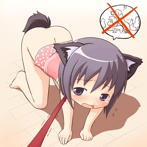 mika-shi, 1girl, all fours, animal ears, bare arms, barefoot, blush, bottomless, cat ears, cat tail, dog, embarrassed, female focus, grey eyes, grey hair, leash, loli, naked shirt, no footwear, no panties, no pants, no shirt, open mouth, pet play, preschooler, shirt, sleeveless, solo, spread legs, sweatdrop, tail, undershirt, underwear, underwear only