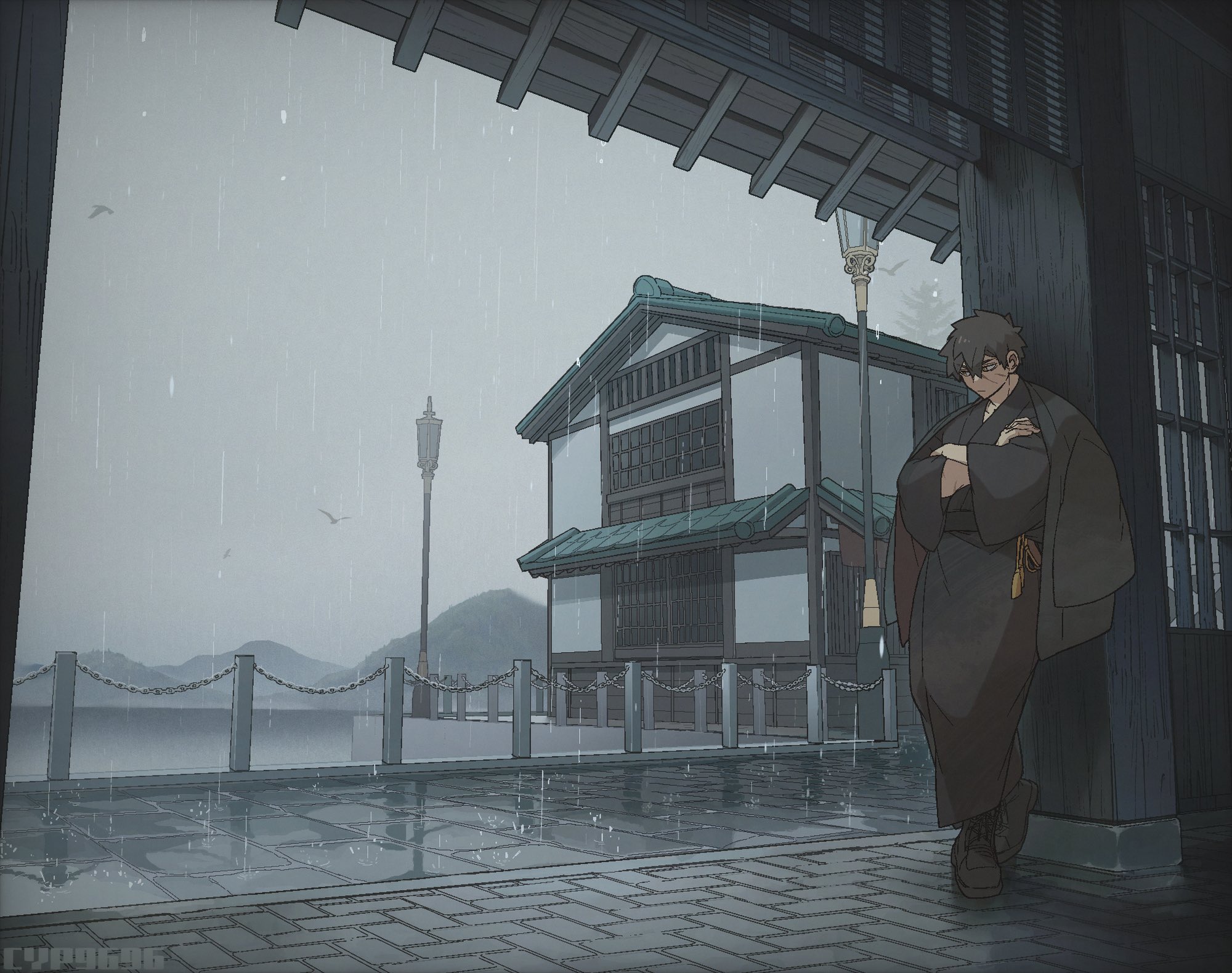 cyp1a2, doudanuki masakuni, touken ranbu, commentary, highres, symbol-only commentary, 1boy, bird, black hair, black shoes, closed mouth, full body, hair between eyes, house, lamppost, long sleeves, male focus, outdoors, overcast, rain, scar, scar on face, shoes, short hair, sky, solo, wide shot, wide sleeves