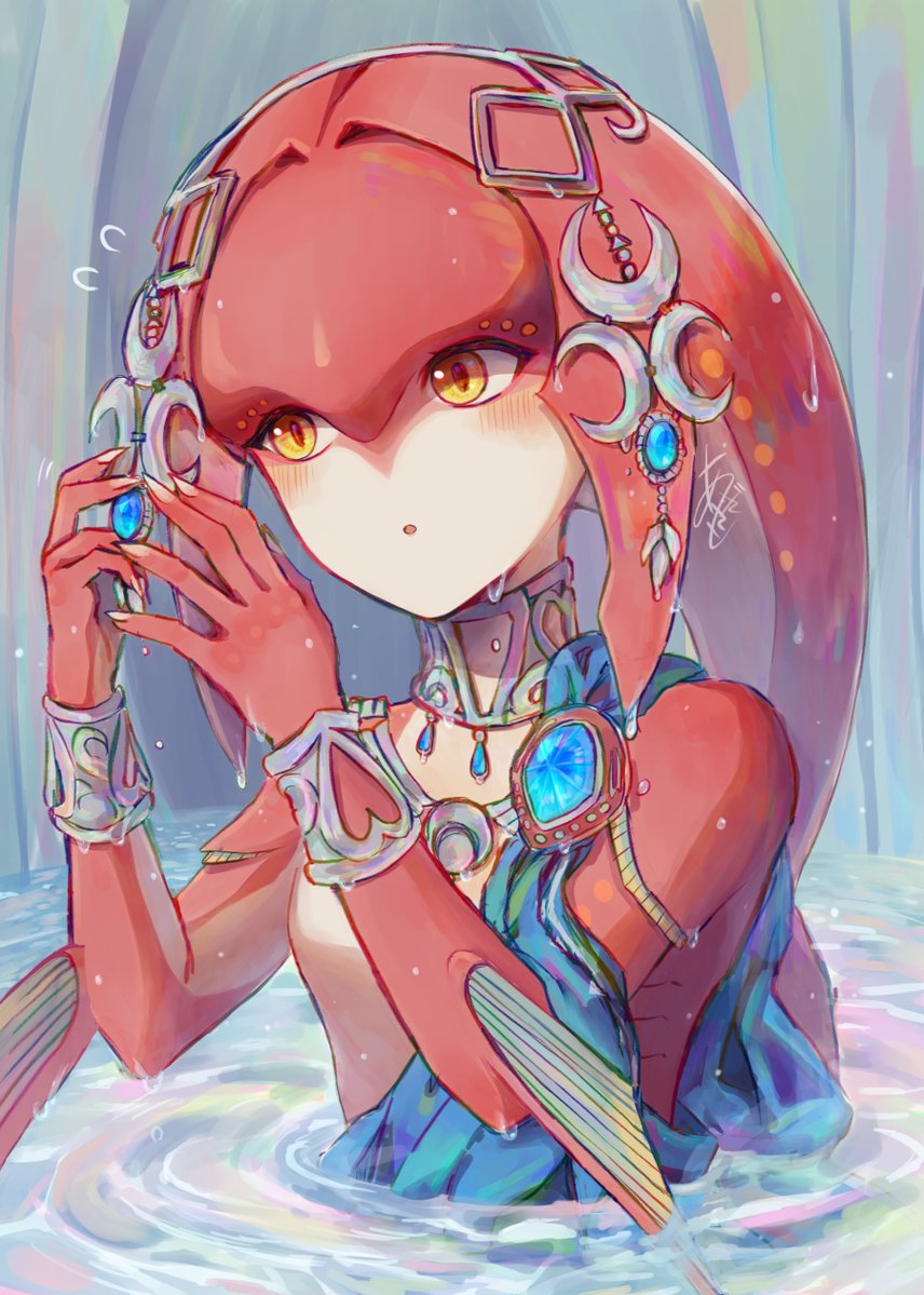 agisato, mipha, nintendo, the legend of zelda, the legend of zelda: breath of the wild, commentary request, 1girl, :o, blush, fins, fish girl, head tail, jewelry, looking at viewer, partially submerged, solo, water, yellow eyes, zora