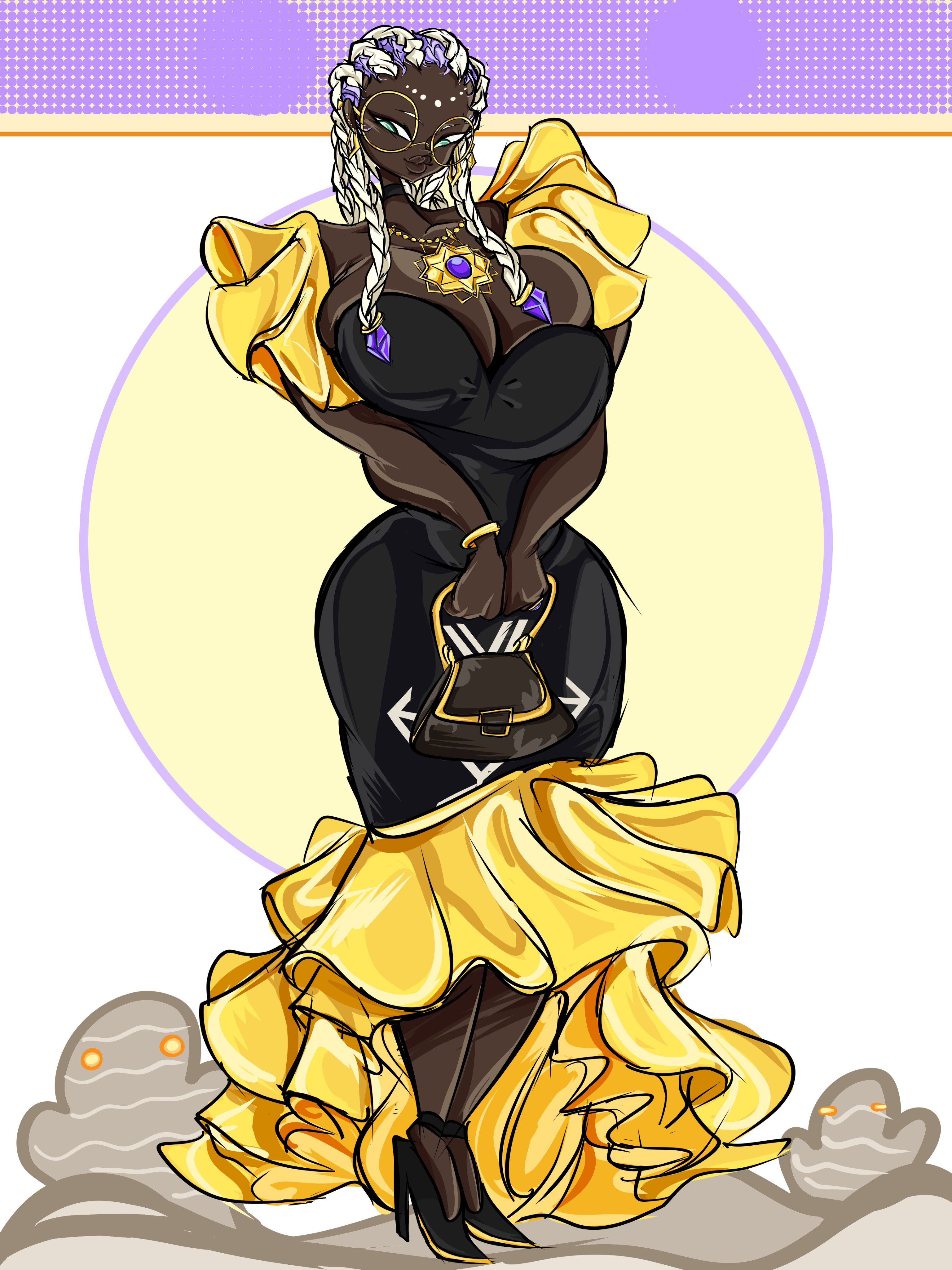 dolores (kof), the king of fighters, absurdres, highres, 1girl, bodypaint, braid, breasts, curvy, dark-skinned female, dark skin, dress, female focus, glasses, gold, green eyes, huge breasts, large breasts, long hair, multicolored hair, purple hair, round eyewear, skirt, standing, thedrown1, thick lips, thick thighs, thighs, two-tone hair, white hair, wide hips