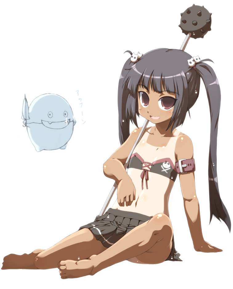 tokyo (great akuta), dolfini (pangya), kooh (pangya), pangya, 1girl, barefoot, black hair, fangs, female focus, flat chest, frills, hair ribbon, loli, long hair, midriff, no bra, one-piece tan, red eyes, ribbon, simple background, solo, solo focus, tan, tanline, twintails, white background
